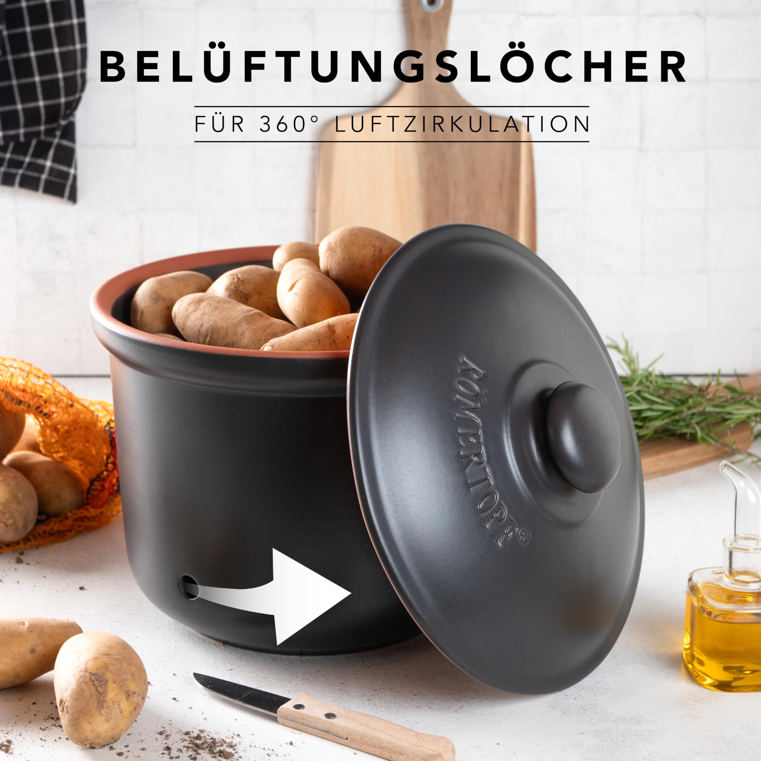 Römertopf Set 3 Contenitori Freschezza in Ceramica – Porta Aglio, Cipolle e Patate, Conservazione Naturale e Traspirante, Nero, tradizione dal 1967
