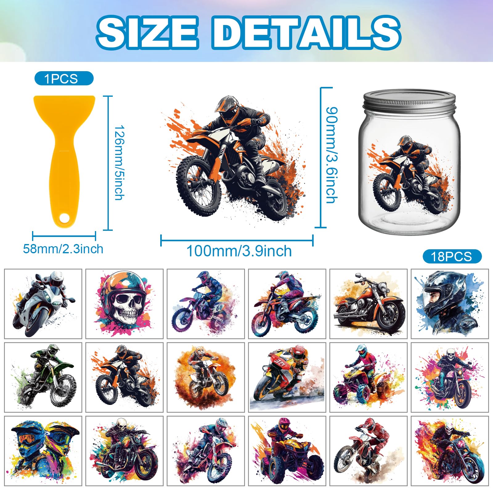 GLOBLELAND 18 Sheets Skull Motocross Transfer Stickers 3.9x3.6inch Motorcycle Colorful Transfer Decal Rub on Transfer for Furniture Vase Glass Art Crafts Decorations - Image 2
