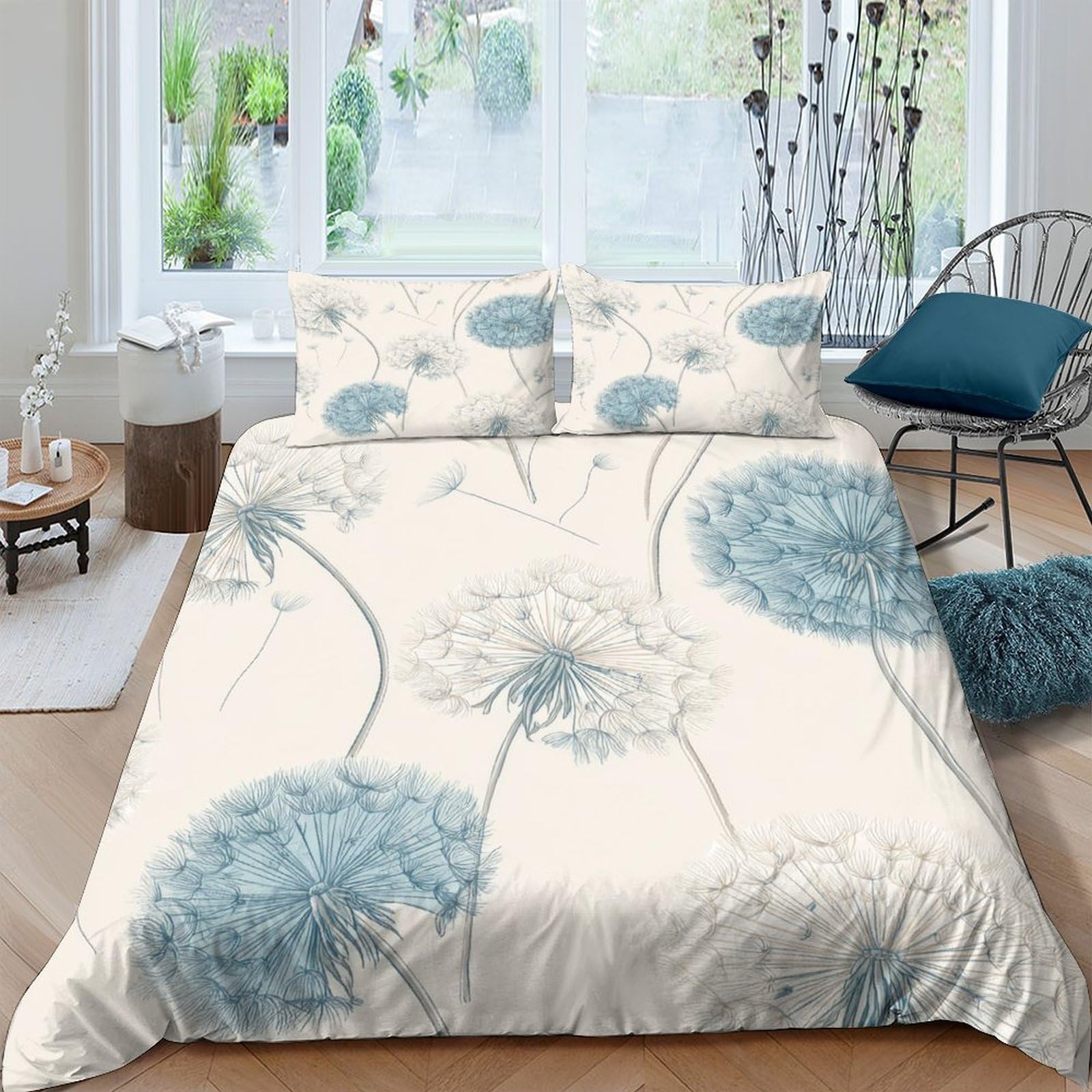 GPLZQXKJNH 3D Printed Dandelion Meadow Duvet Cover Set Microfiber Soft Blue Floral Quilt Cover with 2 Pillowcases for Bedroom Decor Single（135x200cm）