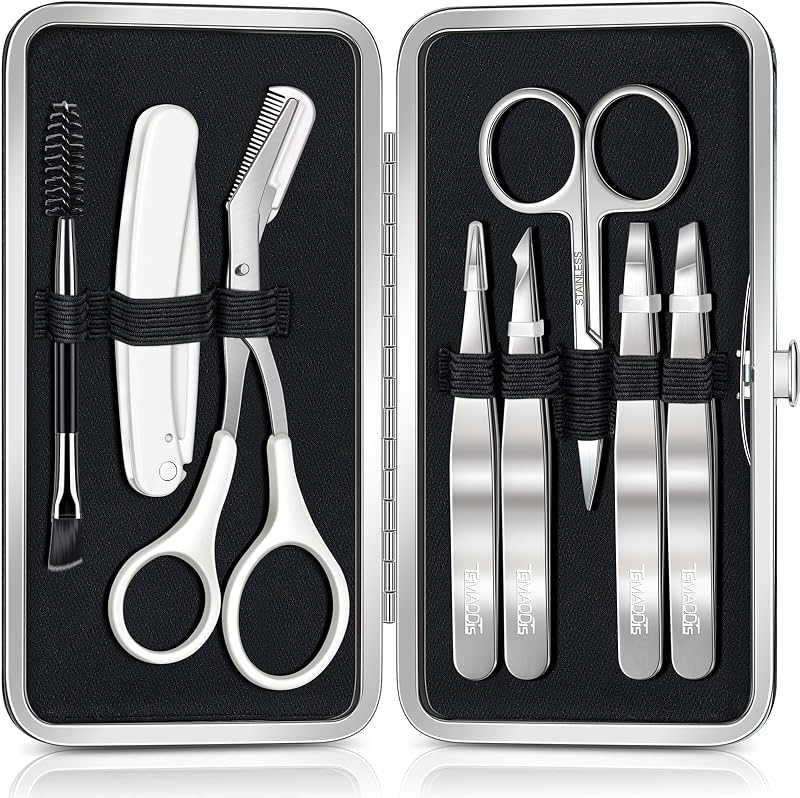 Kit de modelagem de sobrancelhas TsMADDTs com pinças, tesoura, aparador, lâmina, escova e estojo, 8 peças