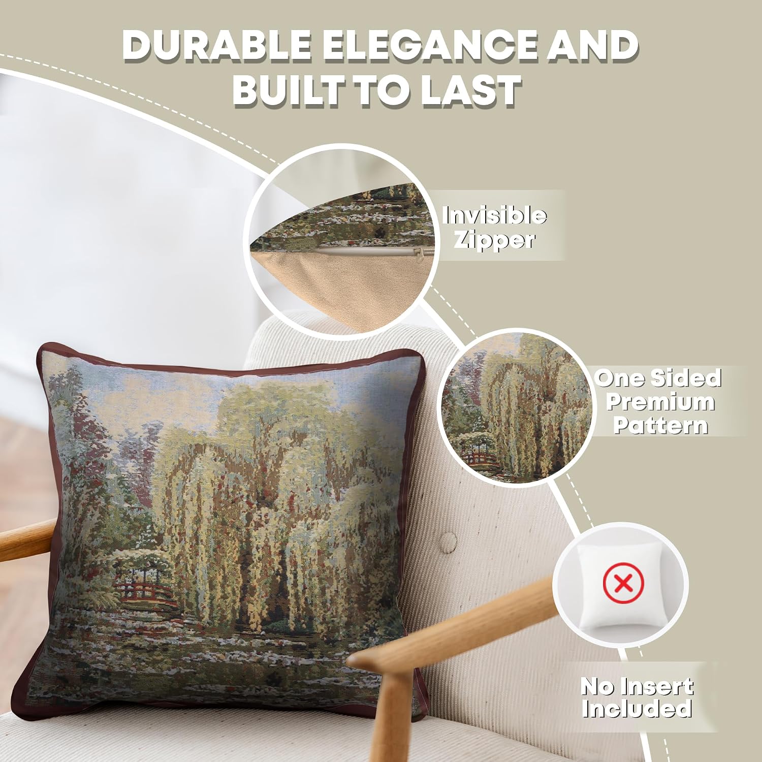 Charlotte Home Furnishings Throw Pillow Cover 17x17 in, Bridge Monet Garden Decorative Pillow Cover for Bed and Sofa, Modern Tapestry Cushion Cases for Living Room, European Cotton Jacquard Woven