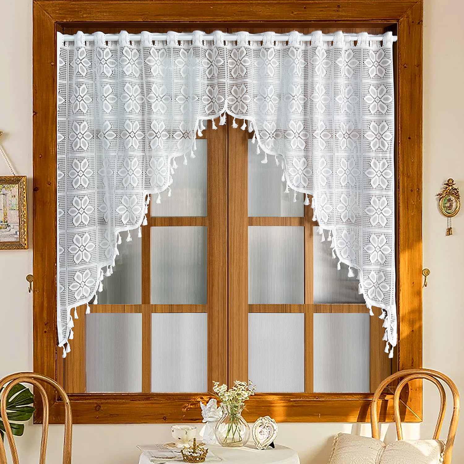 Gxi White Lace Kitchen Curtain Swag Boho Sheer Valance Tassels Rod Pocket Voile Panel Short Window Treatment Swag for Bathroom Basement Living Room Bedroom Small Windows, 1 Panel W59 x L39 inch