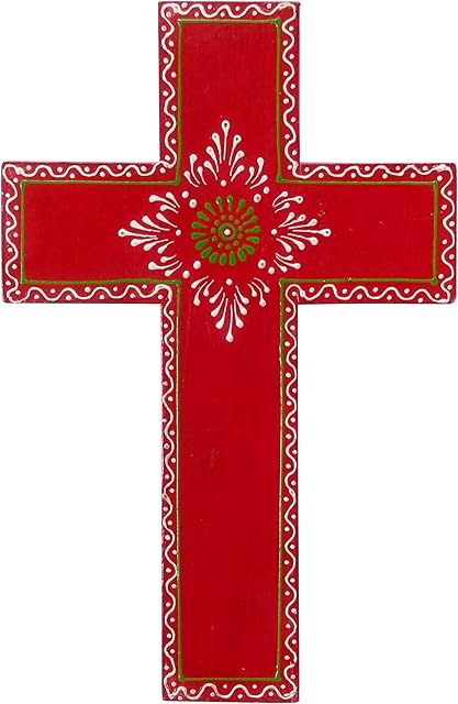 Purpledip Wooden Wall Cross 'Holy Spirit': Handpainted Mangowood Plaque, Red (11446C)