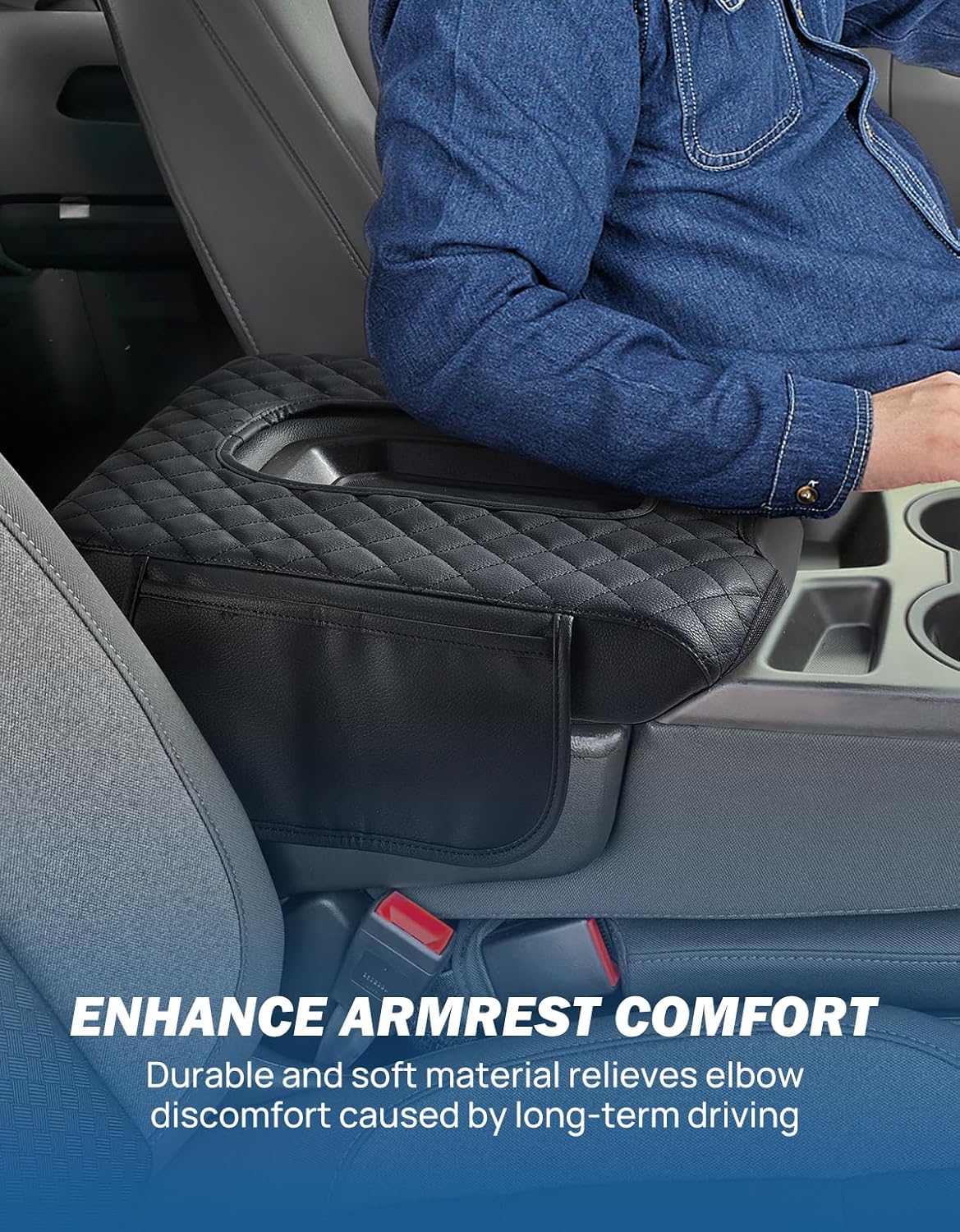 JOYTUTUS Center Console Cover Compatible with 2019-2025 2026 Silverado Sierra Jump Seat, Leather Arm Rest Armrest Cover for Car, Durable Middle Console Cover Replacement for Trucks, with 2 Pockets