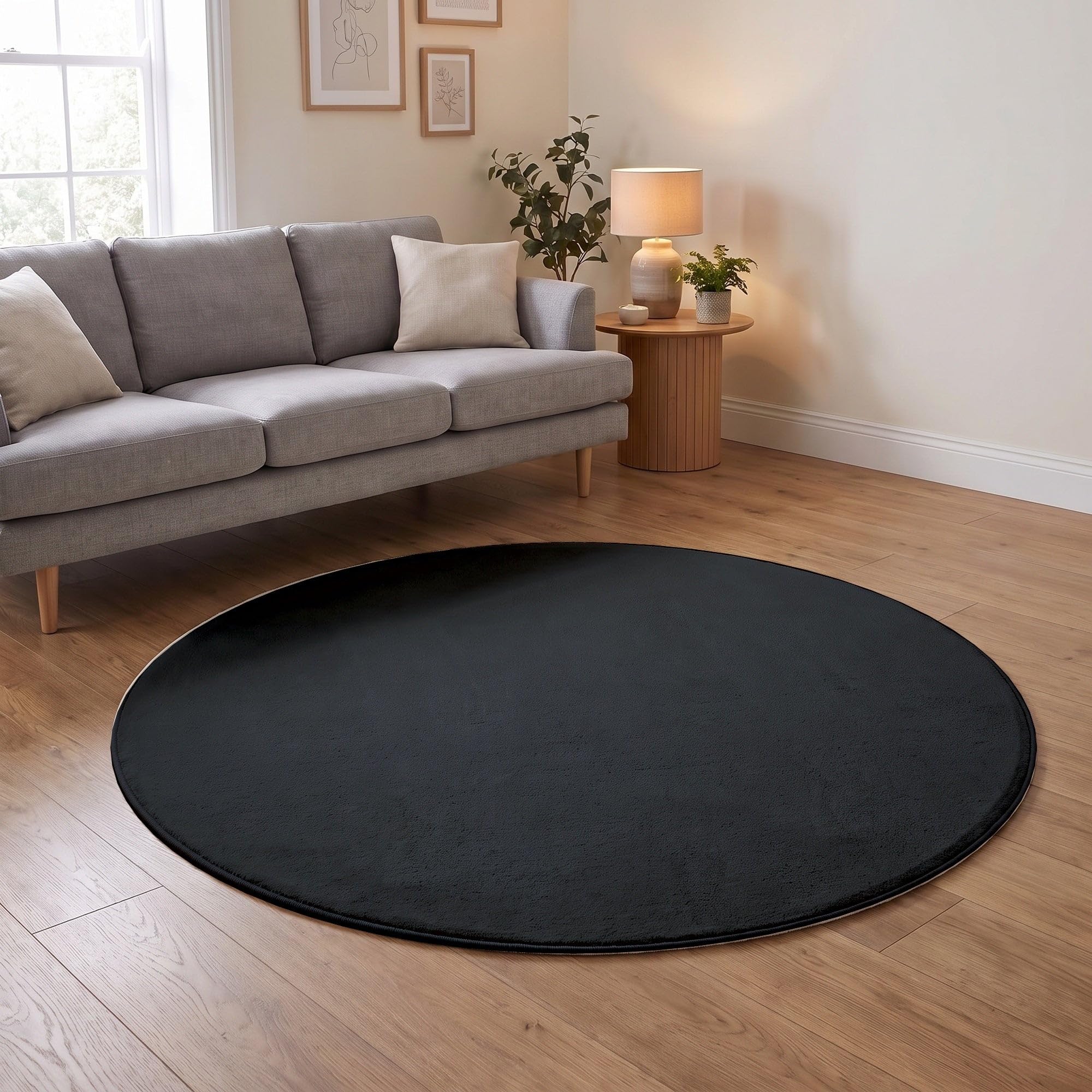 THE RUGS Washmellow Round Rug Living Room - Washable Non-Slip 120 cm, Dark Grey 9 mm Soft Low Pile Bedroom Kitchen