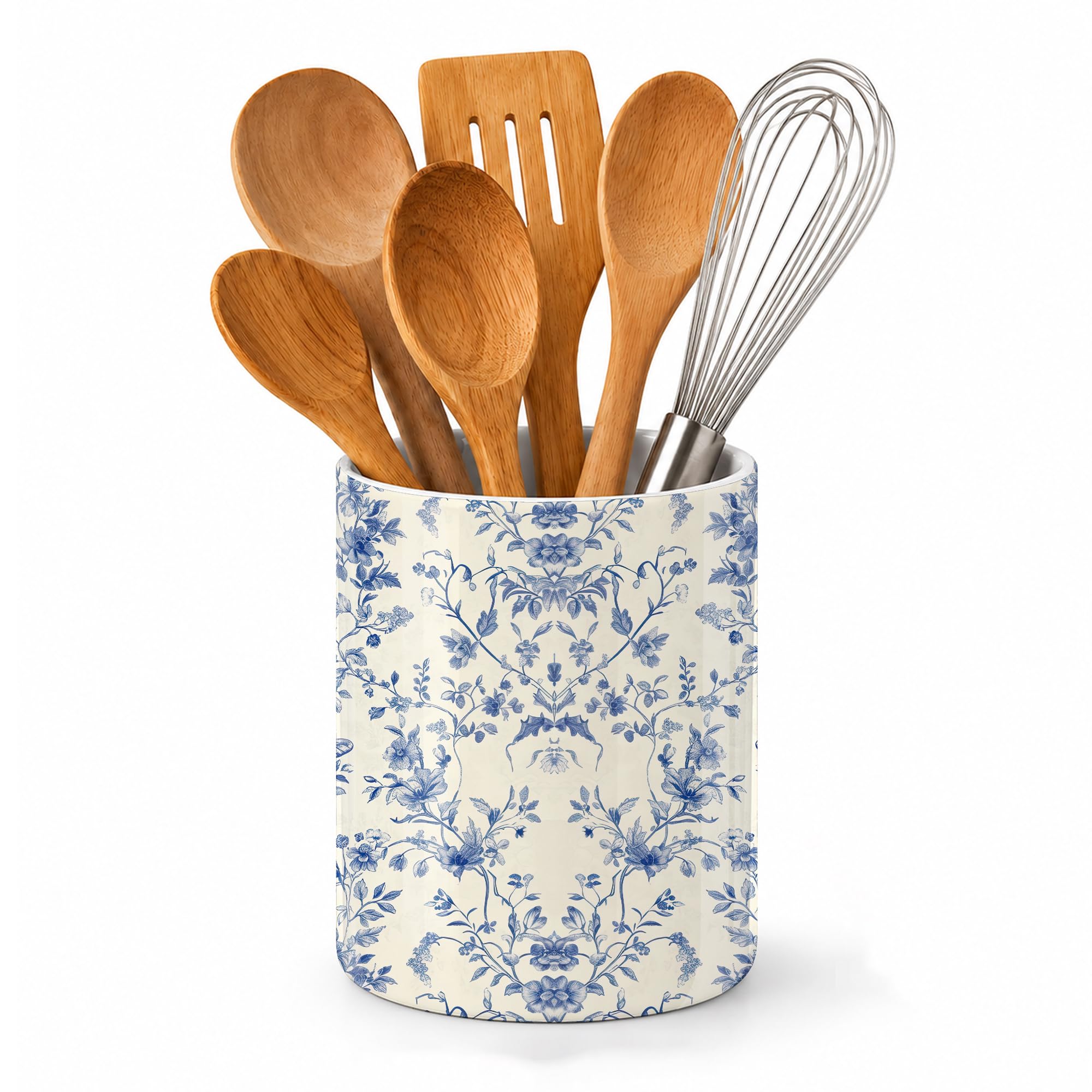 Axxitude Butterfly Ceramic Kitchen Utensil Holder for Countertop,Vintage Floral Blue Large Utensil Crock for Kitchen Counter,Cooking Utensil Organizer for Spatulas,Spoons