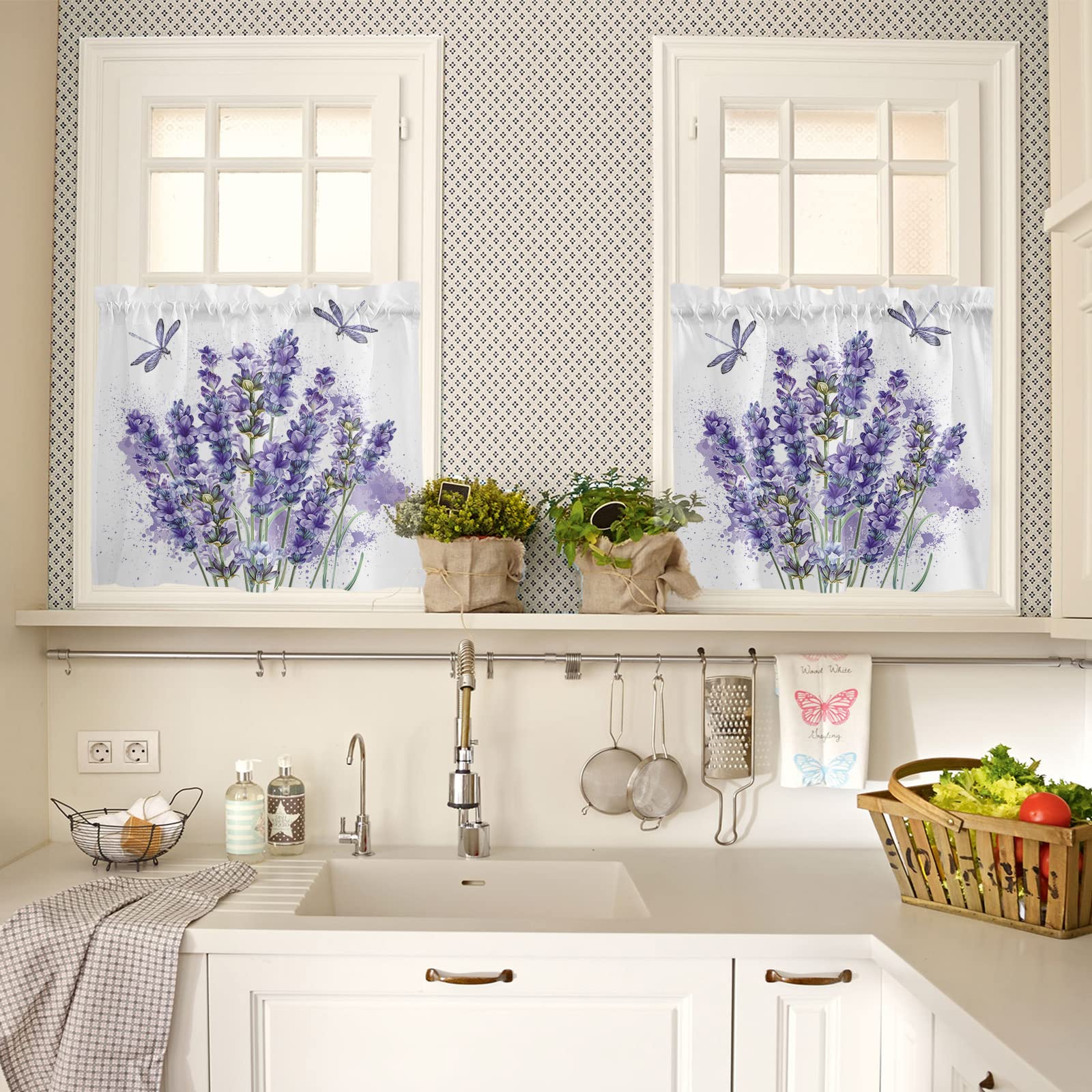 Jolunifun Kitchen Curtain 24 Inch Length, Purple Lavender and Flying Dragonfly Small Short Cafe Tiers Curtains Drape, 2 Panels Window Treatment Rod Pocket Drapery Curtains 55x24
