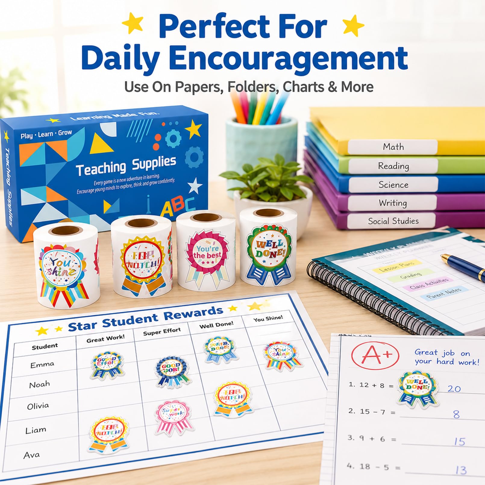 Belohnungsaufkleber, Abzeichen-Designs, Kompliment-Aufkleber, Klassenzimmer, Anreize für Kindergarten, Lehrer, gute Arbeit für Kinder, 4 Rollen