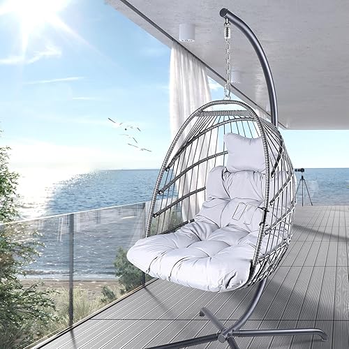 Silla de huevo oscilante con soporte para interiores y exteriores resistente a los rayos UV silla hamaca plegable con marco de aluminio antioxidante