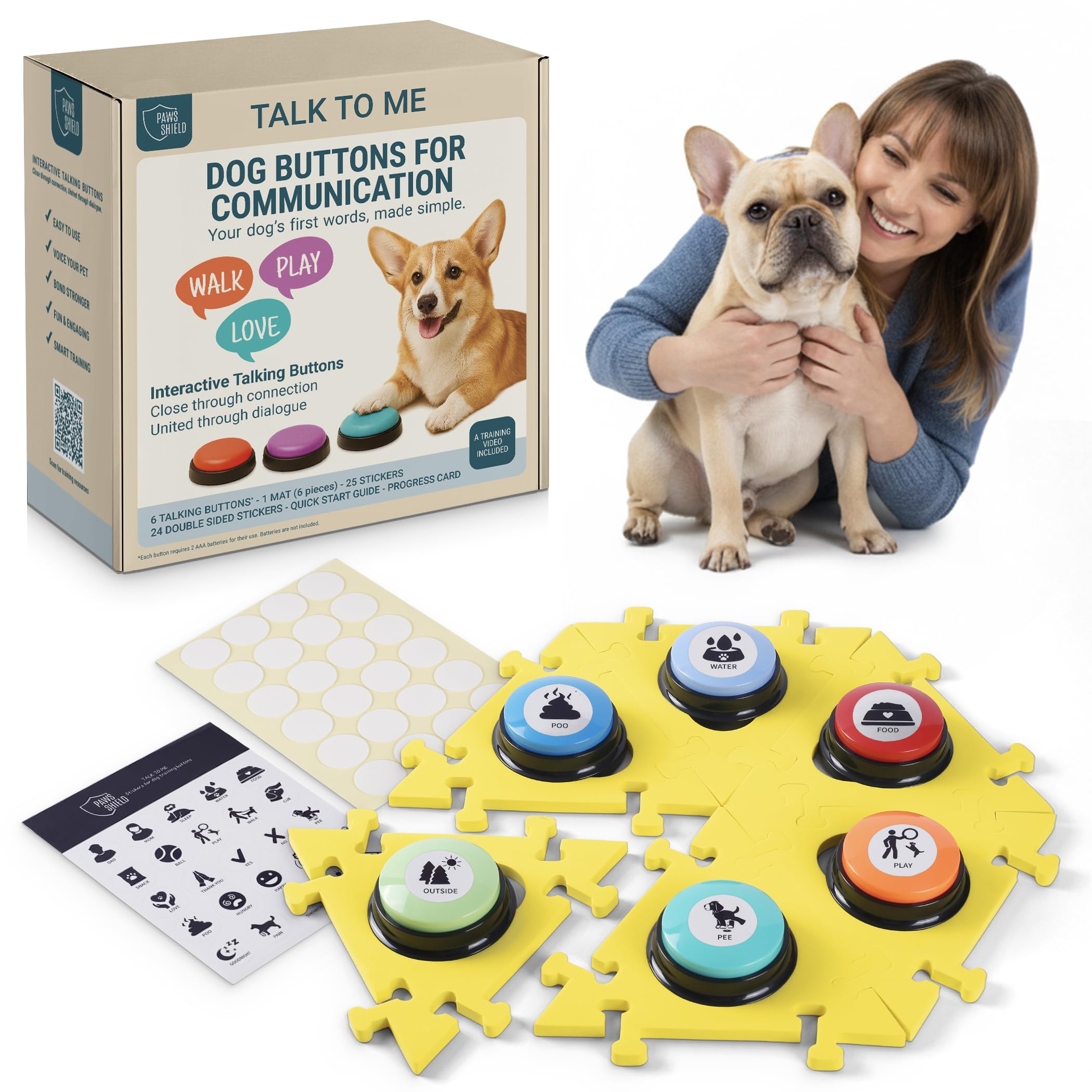Paws Shield Dog Buttons for Communication with Mat (6 Pieces) - 6 Recordable Dog Talking Buttons - Teach Your Dog to Talk - Smart Dog Training Starter