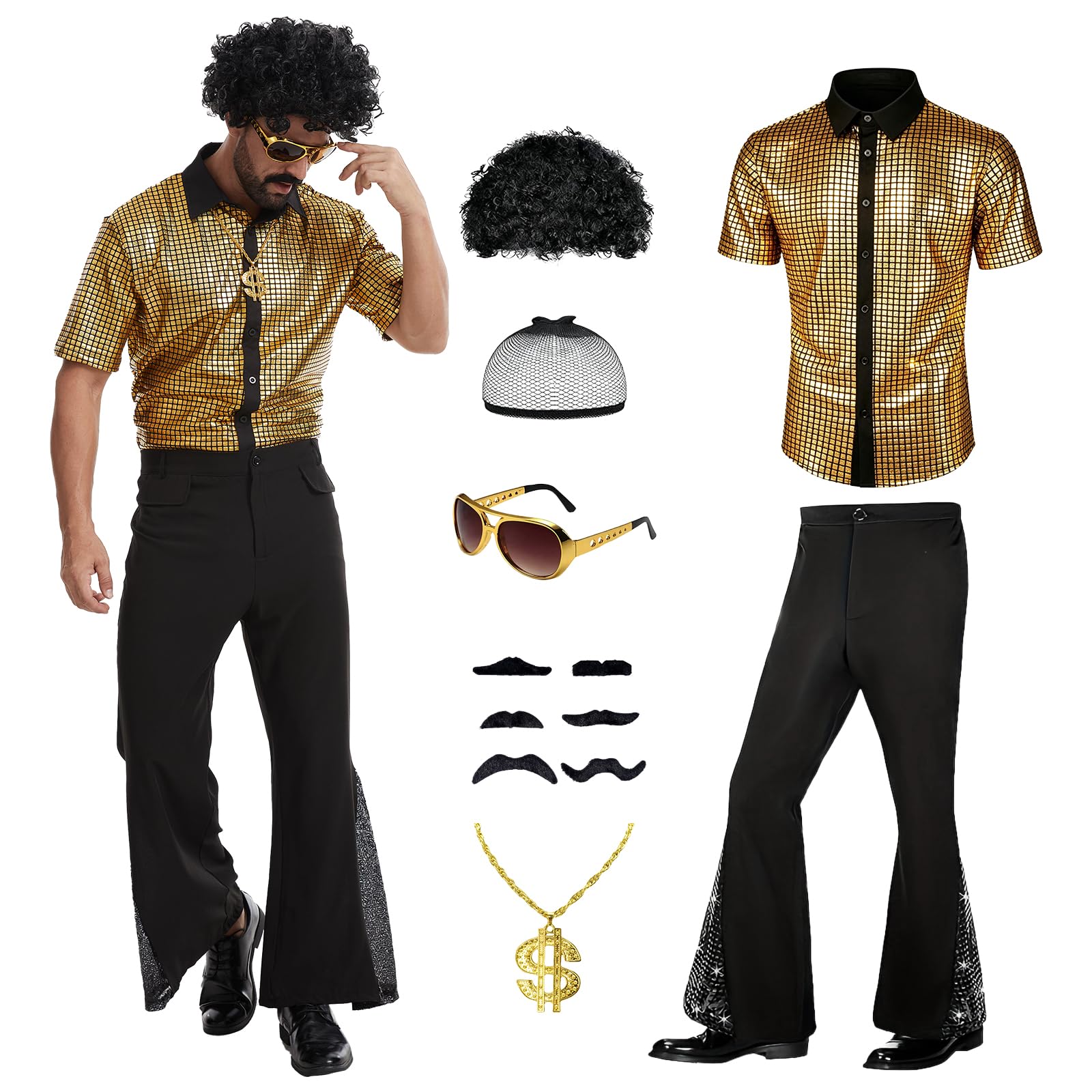 HZVRTN Mens 70s fancy dress, Disco Outfit, 7PCS disco shirt set with accessories wig sunglasses for Retro-themed parties and Halloween. (Gold, 2XL)