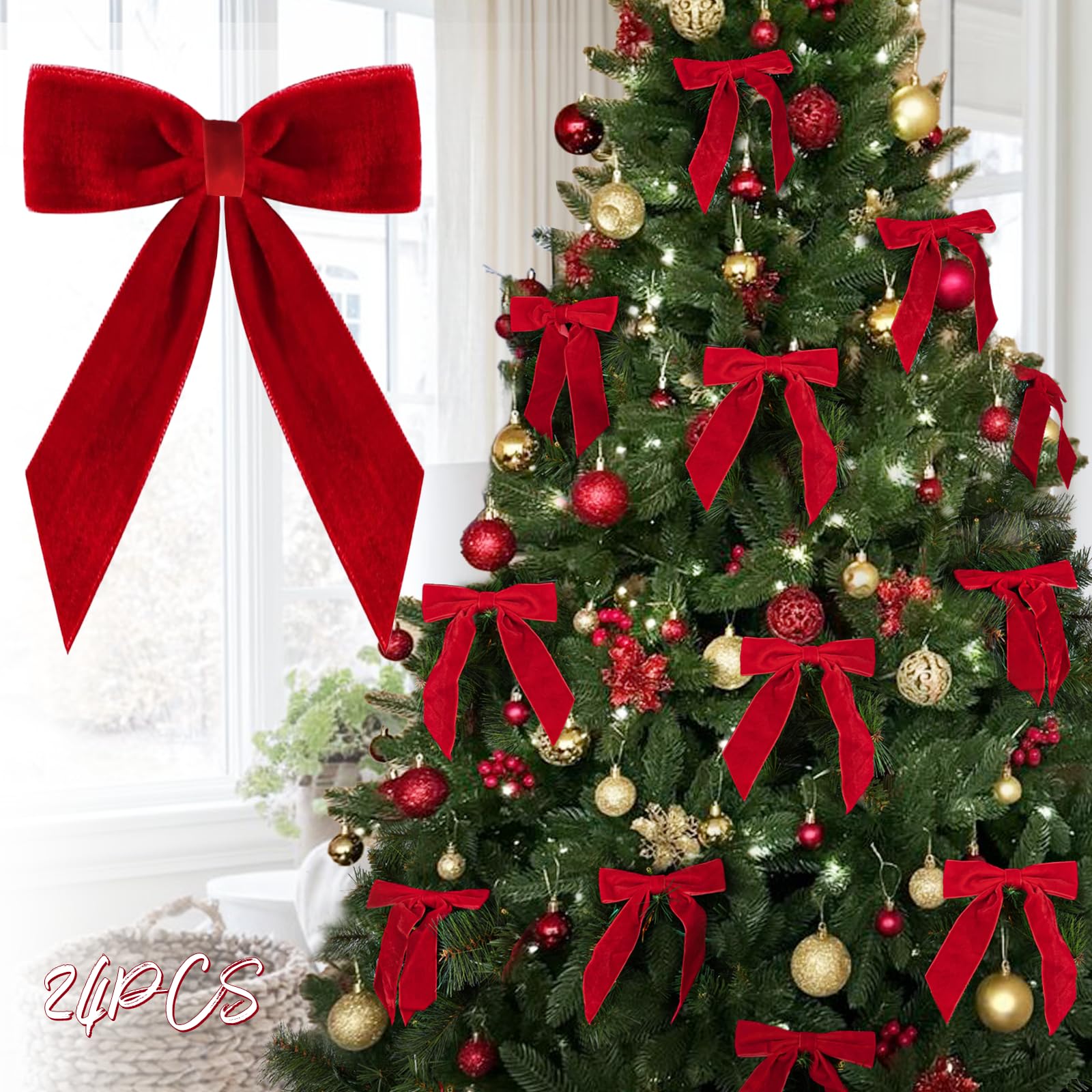 Christmas Decorations Medium Red Velvet Bows for Christmas Tree for Xmas | 24 Pcs 7 x 6 inch Christmas Bows, Xmas Ribbon Ornaments - Home Decor for Wreath Garland Gift Wrapping Crafts Wedding Party