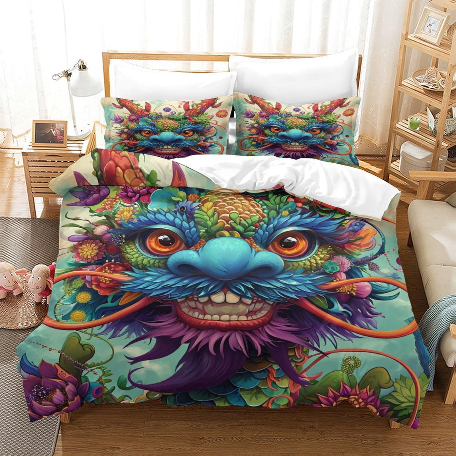 Stampato in 3D Loong cinese Copertina Stampata Microfibra Disegnata Biancheria Da Letto Con Chiusura A Cerniera Set 3 Pezzi,Double（200x200cm）, Per Ragazzi Adulti