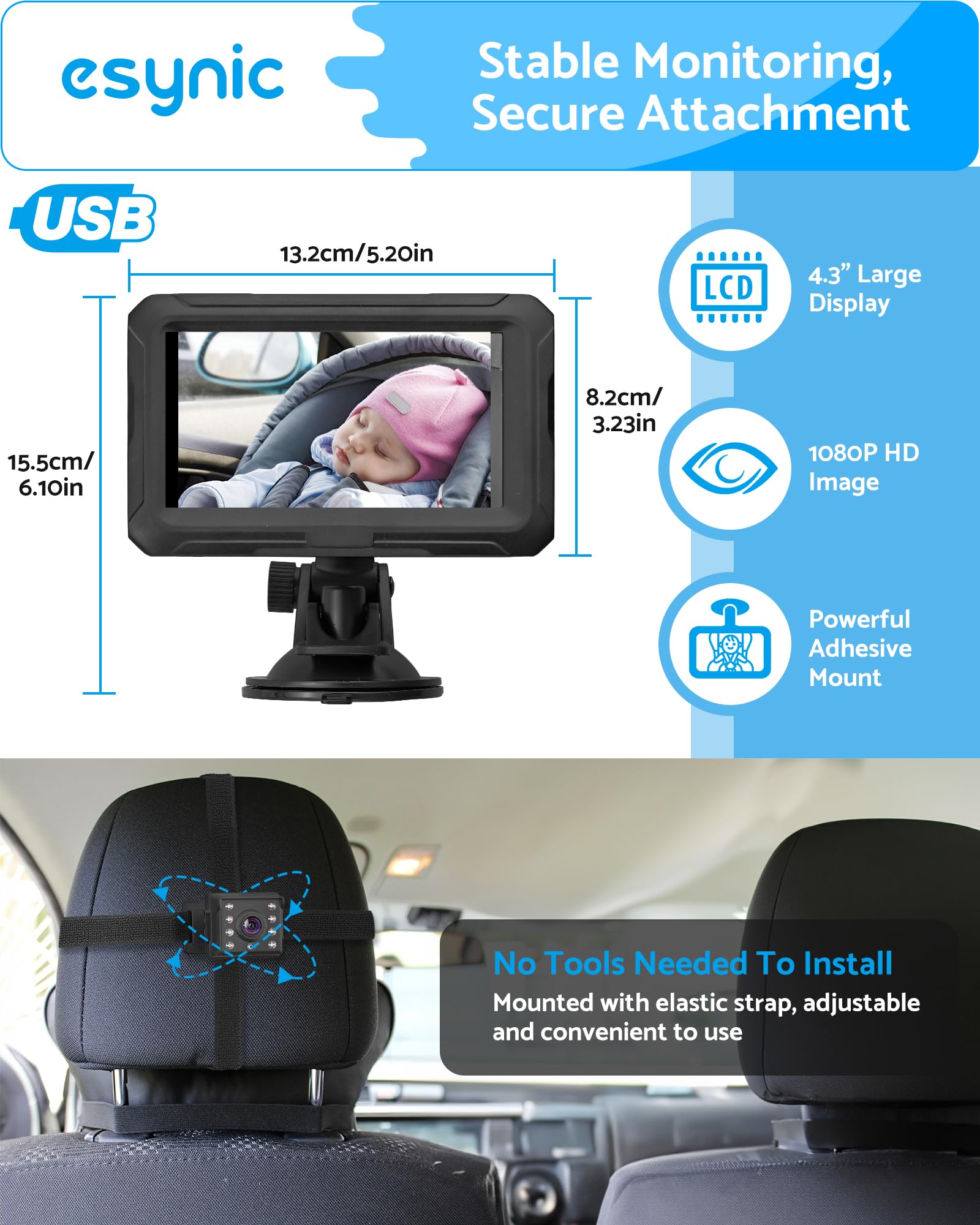 eSynic 1080P USB 4.3" lusterko samochodowe dla niemowląt obracane o 360° 8 LED noktowizor na podczerwień, lusterko wsteczne do samochodu dla bezpieczeństwa dzieci, samochód z przyssawką z kamerą na