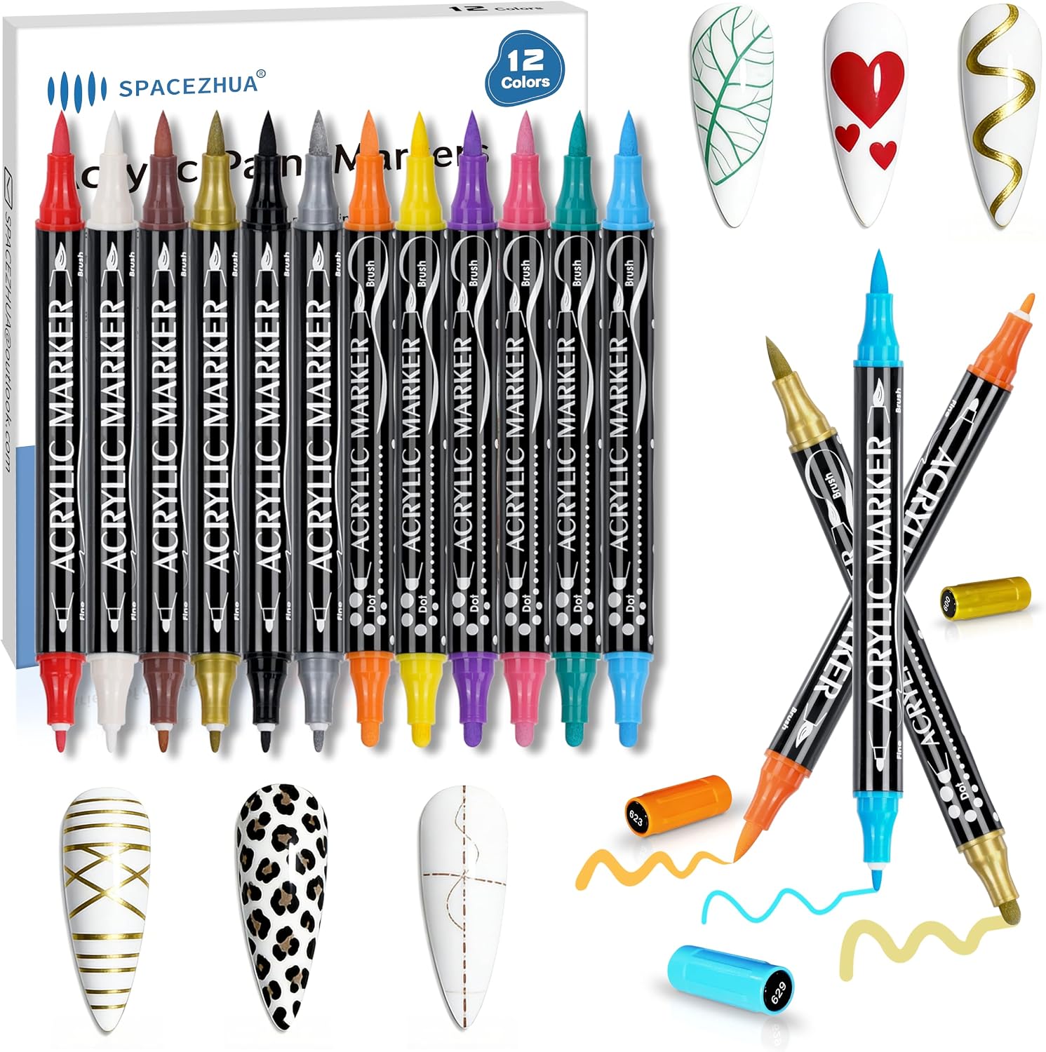 Nail Art Pens 24 Color Set Nail Polish Pens Marker, Acrylic Paint Markers with 3 Types of Pen Tips (0.5/1.0/3.0mm) Non-Toxic Quick-Drying Waterproof for Women DIY Nails Art Design Manicure Tools
