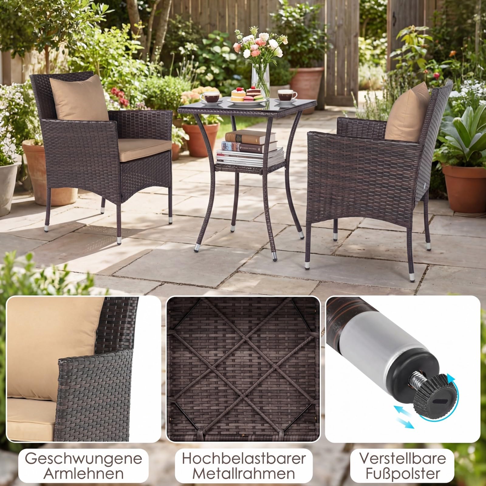 COSTWAY Rattan Gartenmöbel Set, Balkonmöbel Kleiner Balkon, Balkon Möbel mit 2 Sessel, Glastisch und Kissen, Gartenlounge 2 Personen, Sitzgruppe für Garten, Veranda, Poolbereich (Mix Braun+Beige)