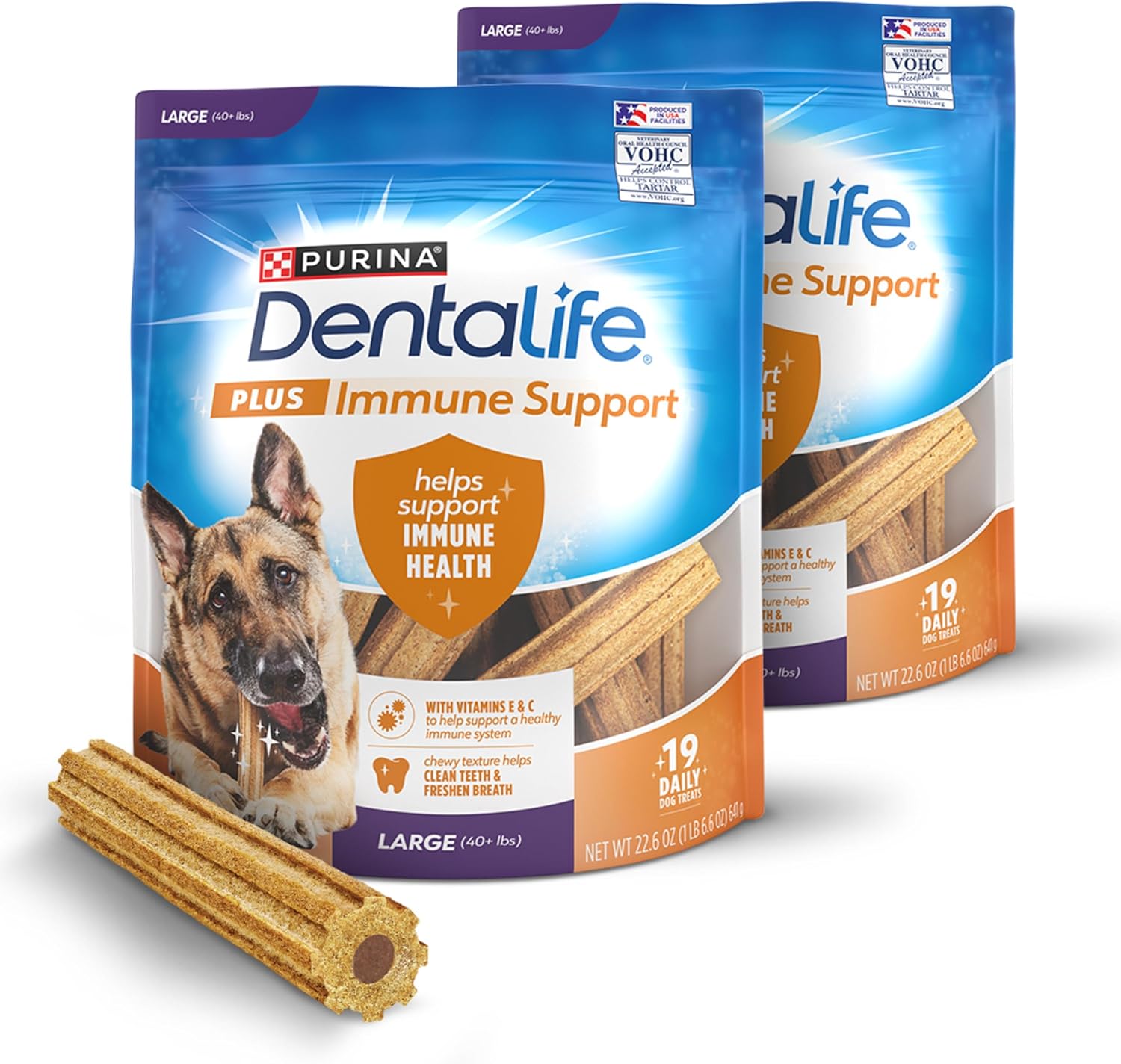 DentaLife Plus Immune Support Treats for Large Dogs 40 lbs. and Over, Supports Clean Teeth and Fresh Breath, Chicken, Apple & Blueberry Flavor - 19 ct. Pouch