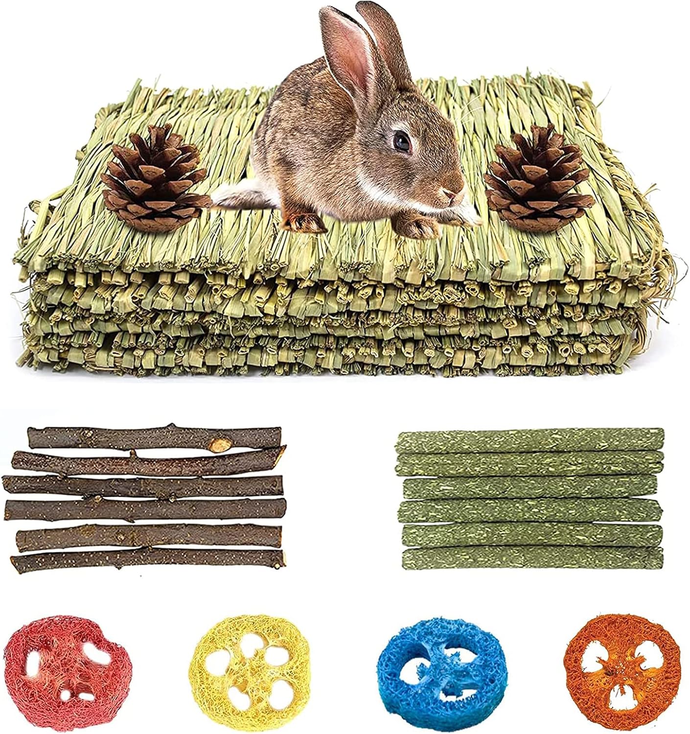 LLGLEU 4 Pack Woven Bed Mat for Rabbits, Small Animal Grass Mats Bunny