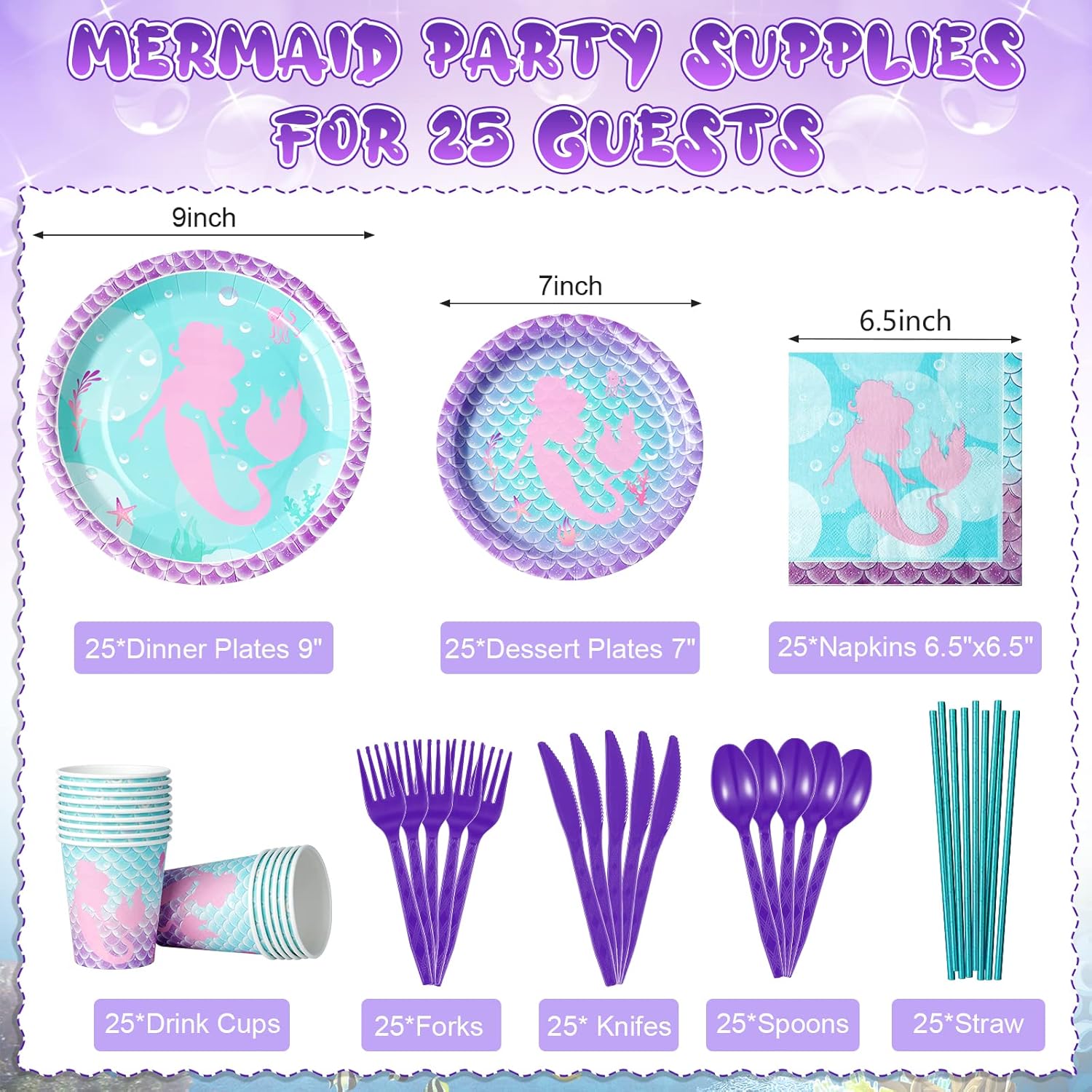 400Pcs Mermaid Paper Plates and Napkins Set,Mermaid Birthday Party Supplies Disposable Dinner Tableware Plates Napkins Cups Knives Spoons Fork for Mermaid Kids Birthday Party Decorations,Serve 50Guest