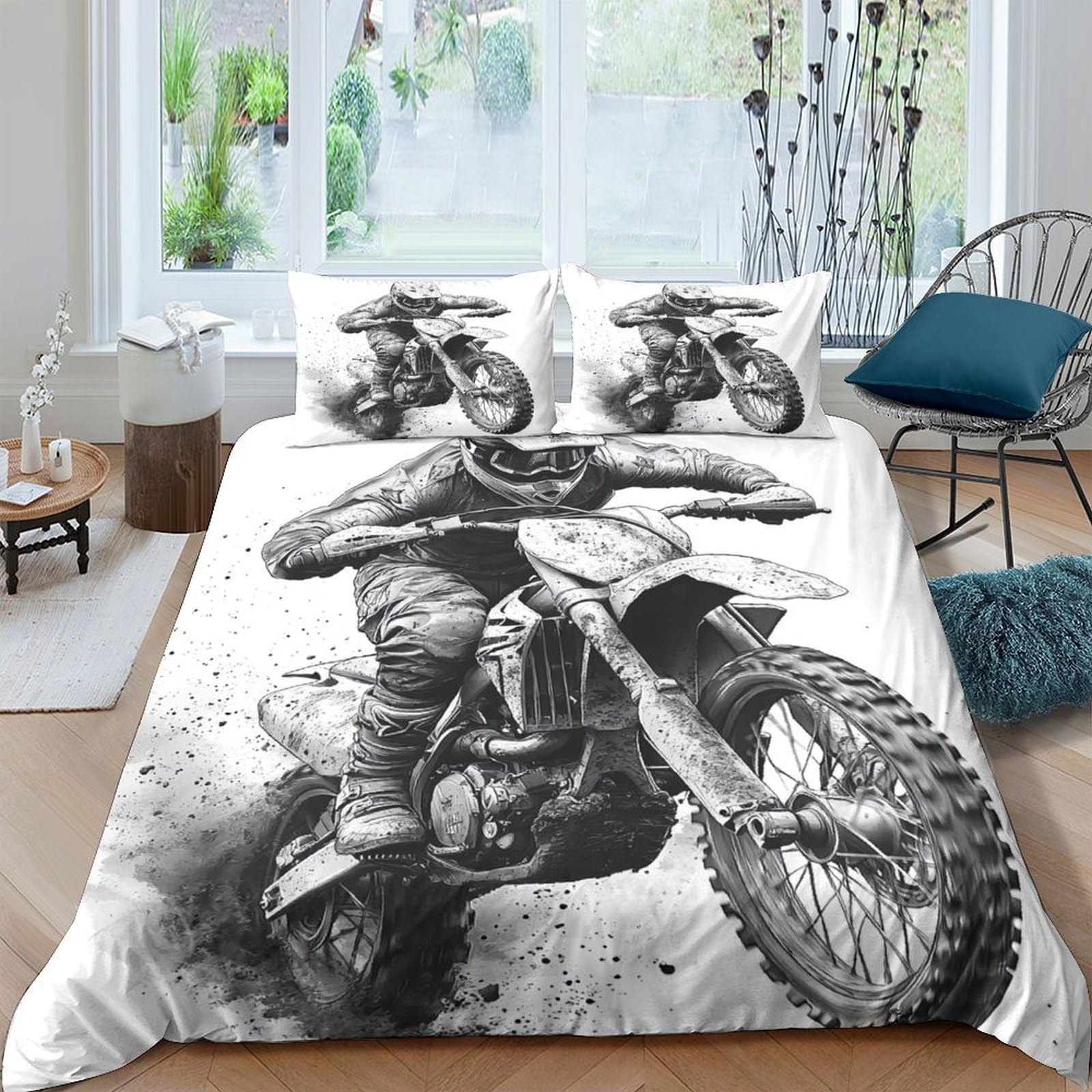 Ctjqhvkz Style-7 3D Printed Motocross Rider Fitted Sheet Microfiber Black White Motorcycle Bed Cover Non Slip Easy Care For Bedroom Guest Room Single（135X200cm）