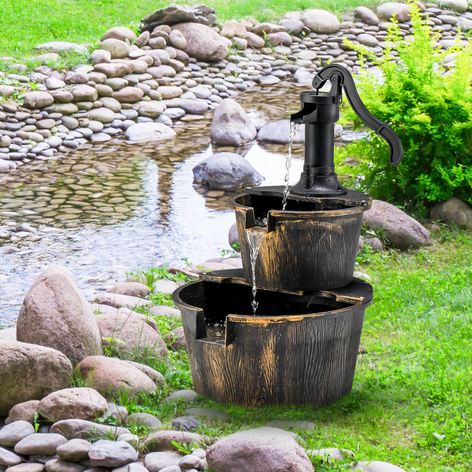SOARS Fontaine de Jardin à 2 Niveaux, avec Pompe à Eau & Débit d'eau Réglable, Fontaine à Eau Design en PP, Fontaine d'Intérieur, Décoration de Jardin pour Extérieur Balcon Terrasse (Bronze)