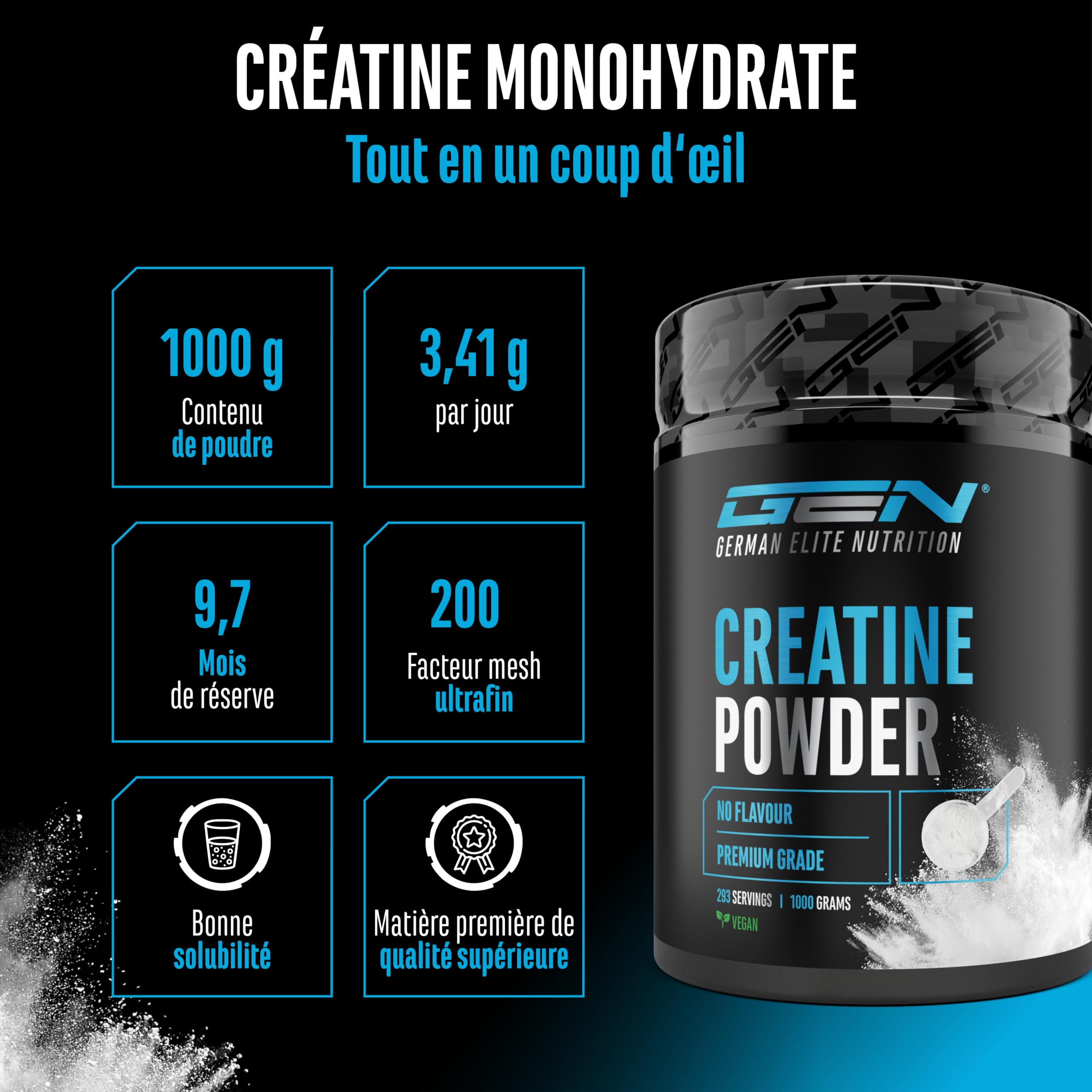 Poudre de Créatine - 1kg / 1000 g - Poudre de Monohydrate de Créatine - Solubilité Optimale & Microfine - Vegan - 293 Applications