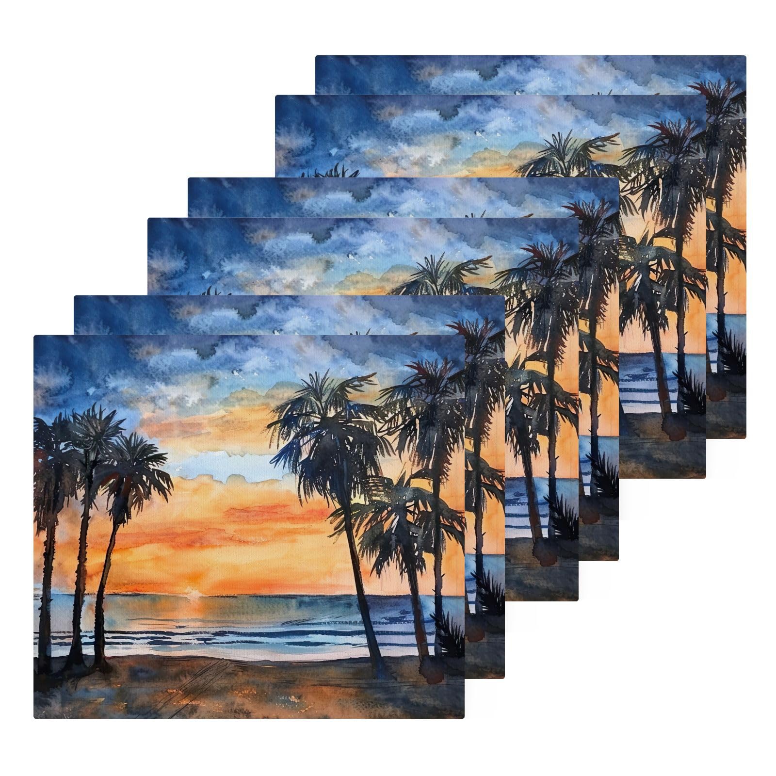 Flradish 4 Pack Coconut Trees and Sunset Pure Cotton Washcloths 12 x 12 Inch Reusable Absorbent Soft Cotton Face Towels Fingertip Towels Set for Gym Towels,Hotel and Spa