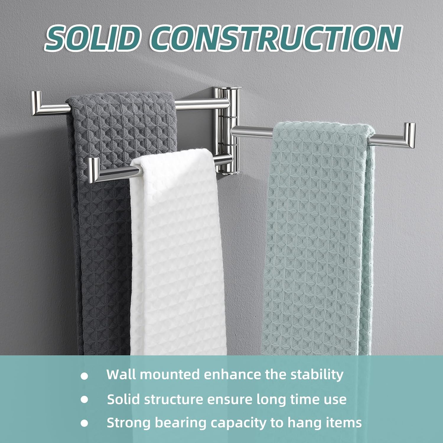 APLusee Bath Robe Hook, 3 Arm Swivel Towel Bar and Square Towel Ring Bundle, 304 Stainless Steel Wall Mounted Bathroom Accessories Polished Chrome