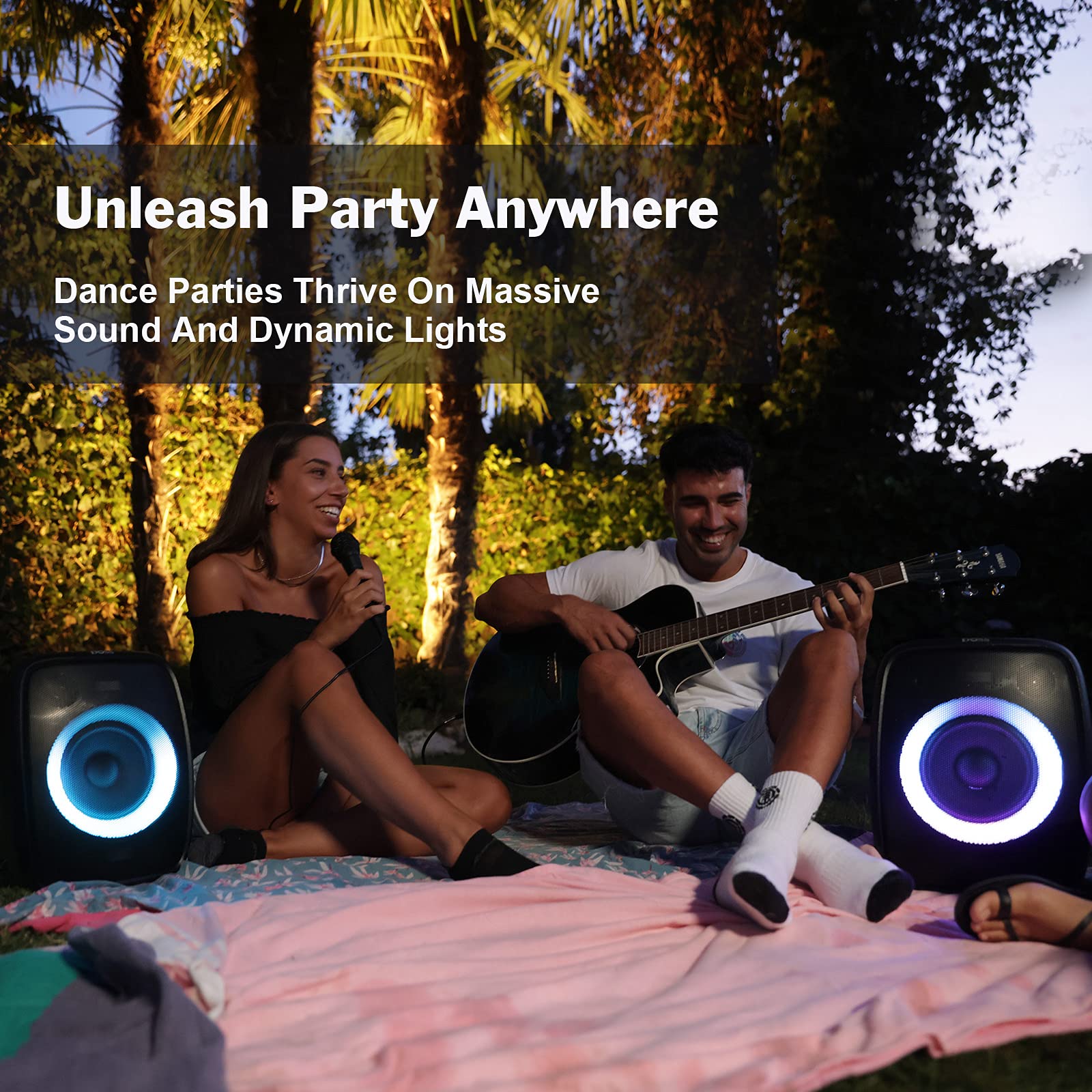 Bluetooth Speaker, DOSS PartyBoom Speaker with 60W Immersive Sound, Punchy Bass, Mixed Colors Lights, PartySync, 12H Playtime, Mic and Guitar Inputs, Portable Speaker for Indoor, Outdoor Party