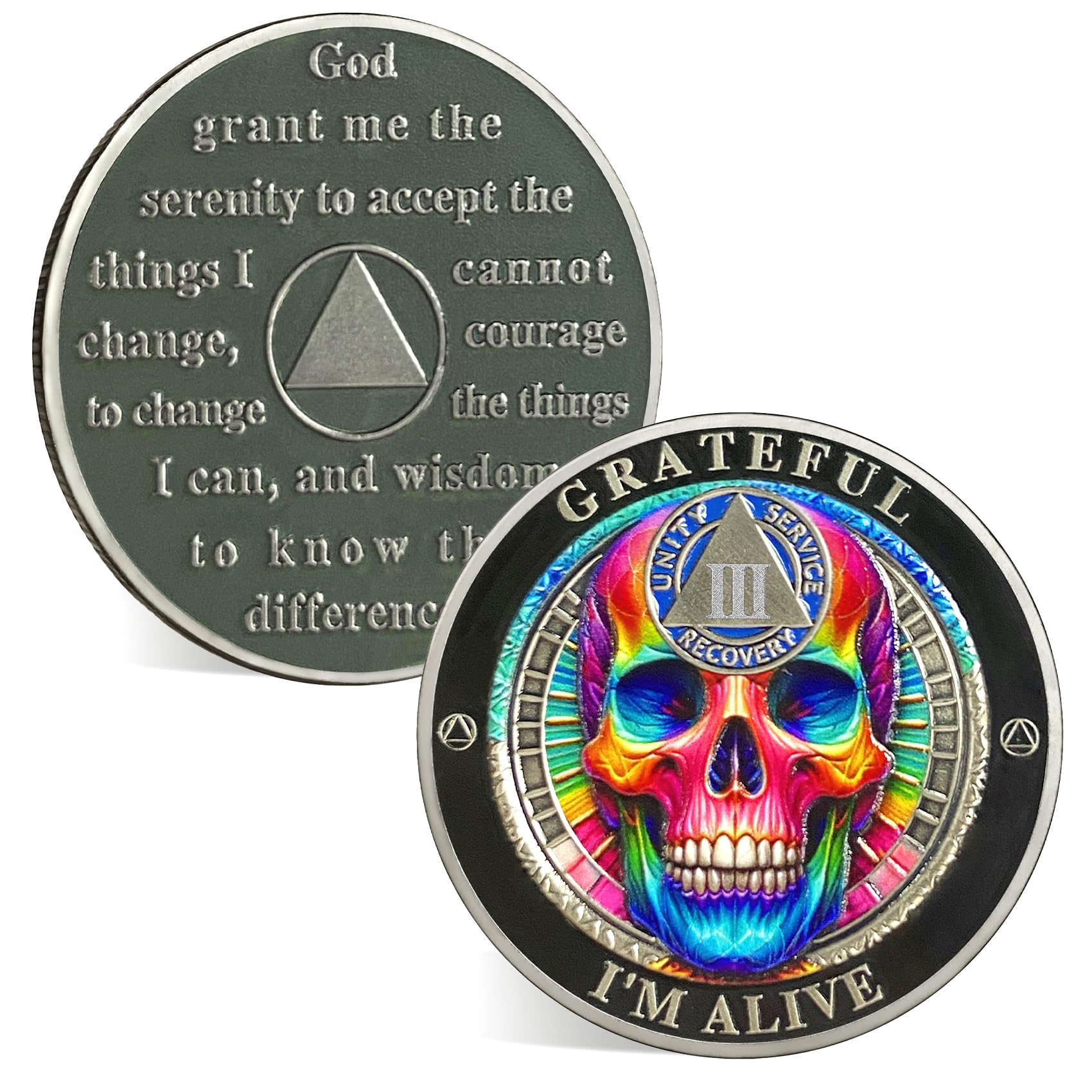 ACGZQY 3 Year Sobriety Chip - Grateful I Am Alive Skull AA Coin and Medallions - Affirmation Sobriety Coin Recovery Token with Serenity Prayer - Celebrate Living Clean AA NA Sober Gifts โ image 1
