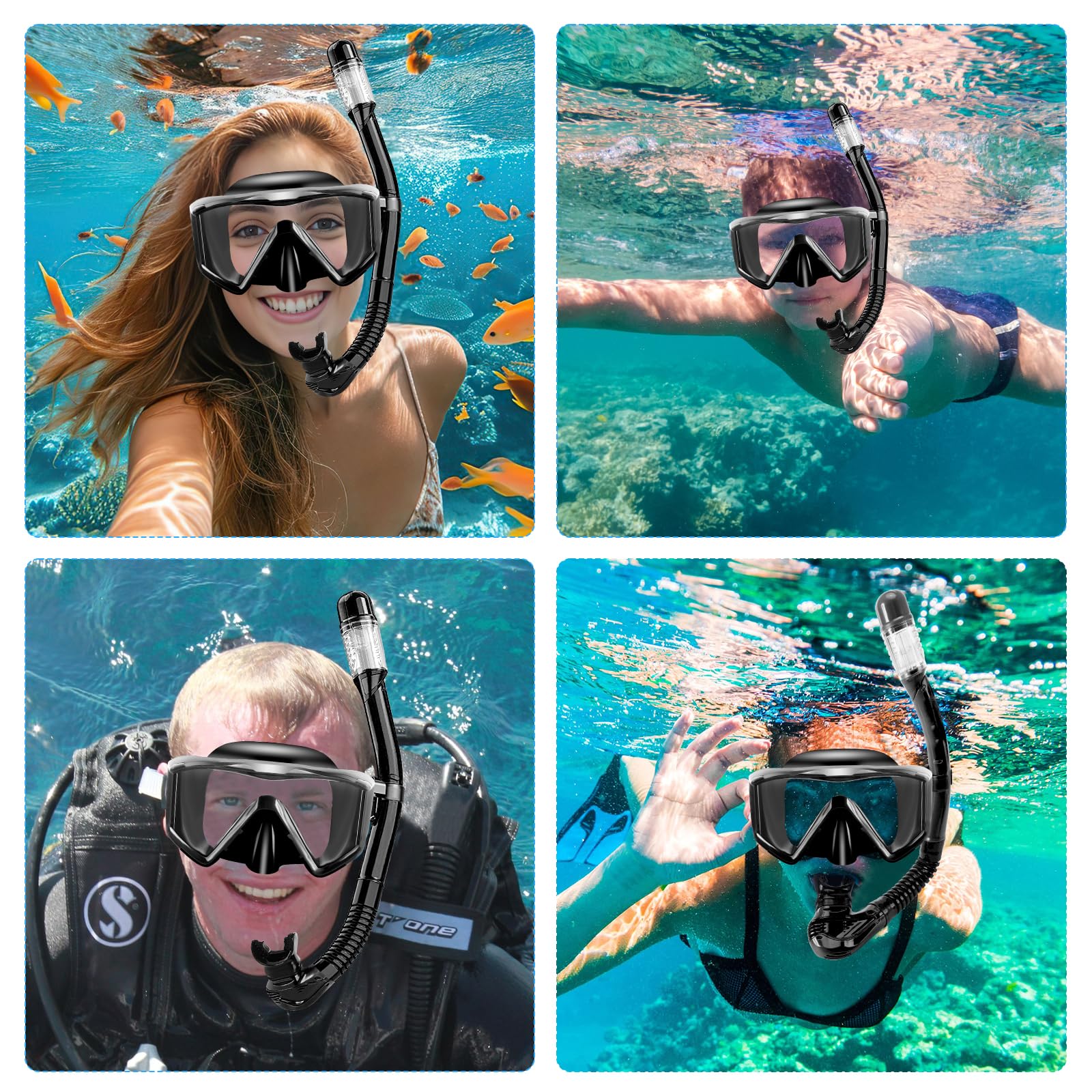 Set da snorkeling per adulti, con boccaglio a secco, impermeabile, anti-appannamento, con lente in vetro temperato, set da snorkeling e immersioni