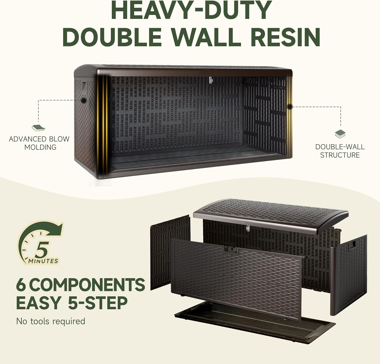 110 Gallon All-Weather Deck Box, Lockable Waterproof Resin Storage with UV Resistance for Patio Furniture, Garden Tools, Pool Accessories (Brown) - Image 3