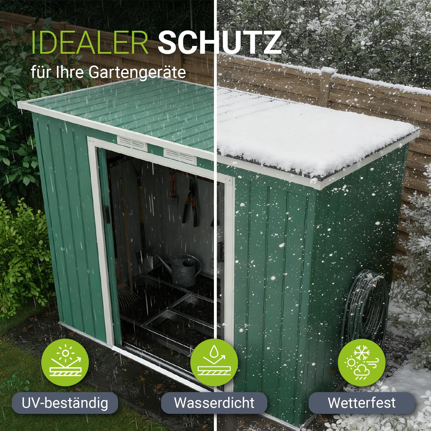 Juskys Metall Gerätehaus M 4 m³ mit Fundament, 213 x 130 x 173 cm, Geräteschuppen mit Pultdach & Schiebetür, Stahl Gartenhaus Garten Schuppen, grün