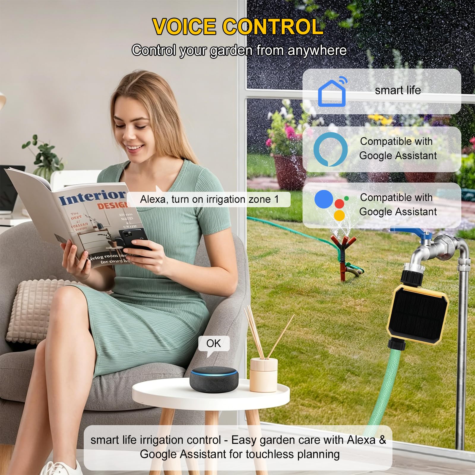 Nikou Ordinateur d'irrigation WiFi, Programmateur Arrosage Automatique Solaire Minuteur d'arrosage Intelligent avec Retard de Pluie, Compatible avec APP et Alexa, pour Jardin, Pelouse (1 Sorties)