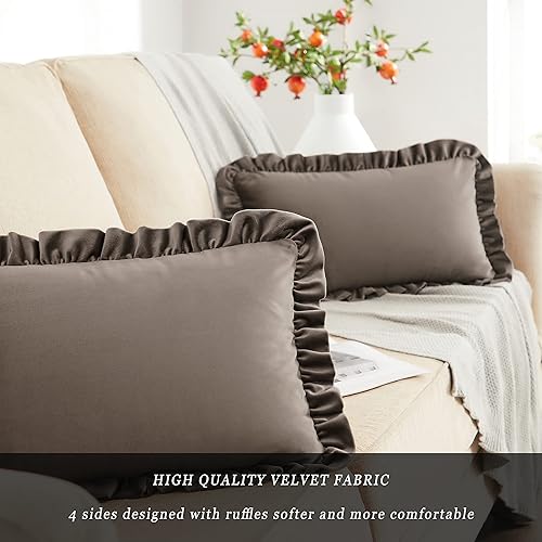 Miniatura 3 de GIGIZAZA Juego de 2 fundas de almohada lumbar, 12 x 20 pulgadas, fundas decorativas de terciopelo con volantes para sofá, color gris pardo