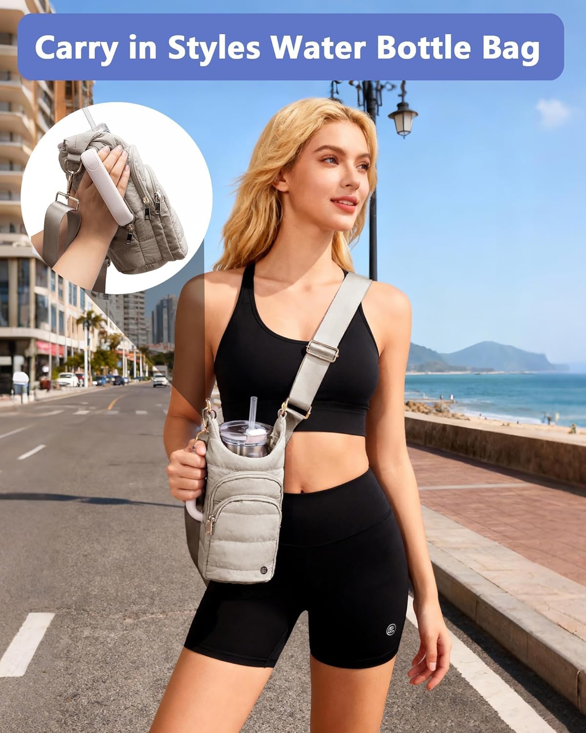 Water Bottle Holder with Strap for 30/32 oz, Crossbody Water Bottle Carrier Bag with RFID Blocking Phone Pocket for Gym Hiking Walking Camping Travel, Black - Image 2