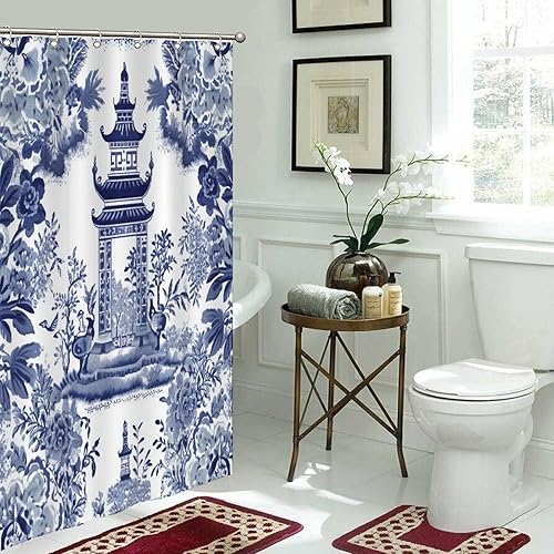 Miniatura 807 de Cortinas de ducha de baño con ganchos, 72 x 92 pulgadas, cortina de ducha de tela impermeable con diseño de flores y pájaros, cortina de ducha