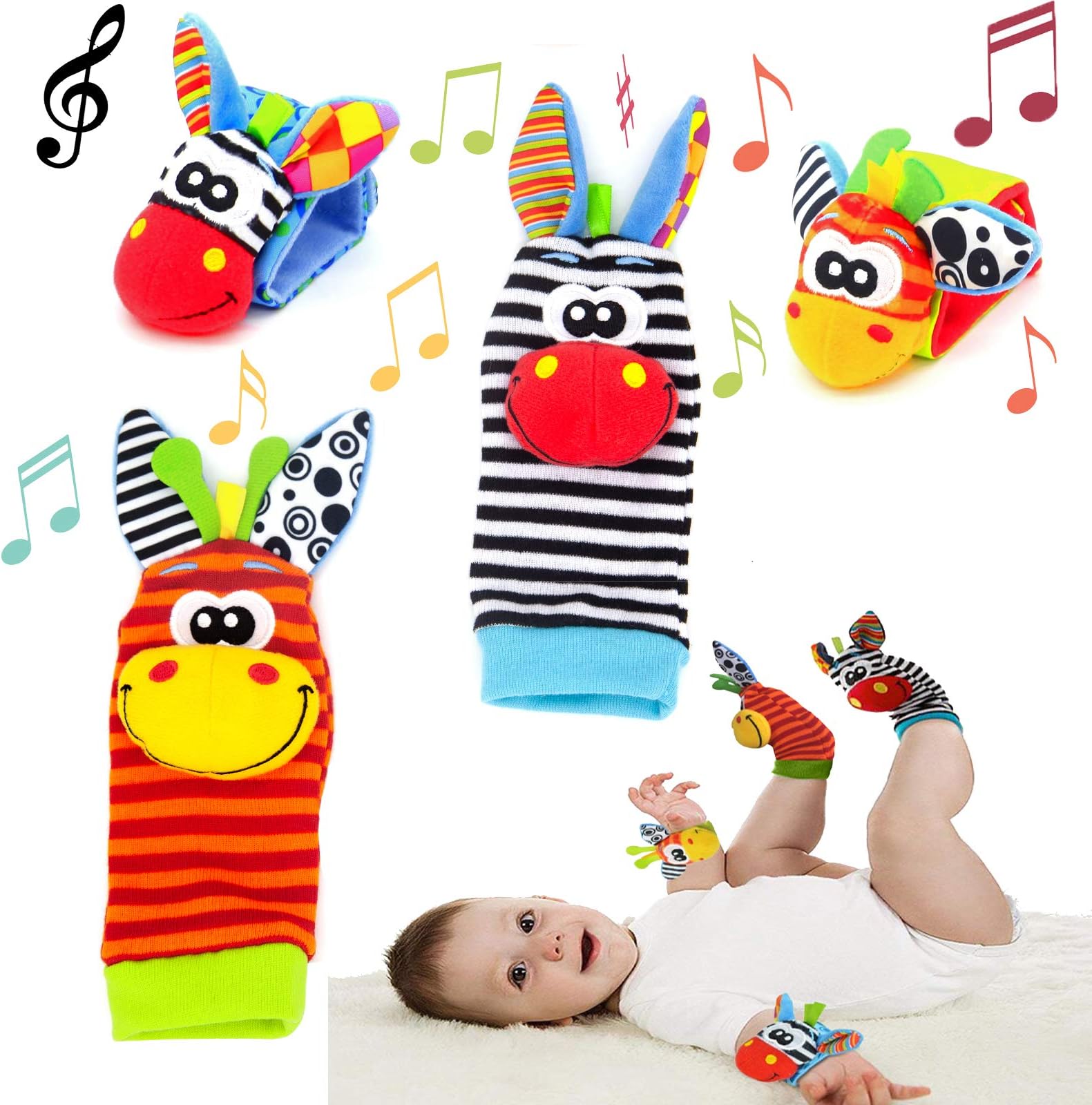 Baby Rattle Socks Wrist Rattles Foot Finder Socks Set, Baby Rattle Toys Animal Wrist Rattle Soft Bell Strap Development Toy Gift for Newborn Babies Infant Boy Girl 0-6 Month,2pcs Waist 2pcs Sock