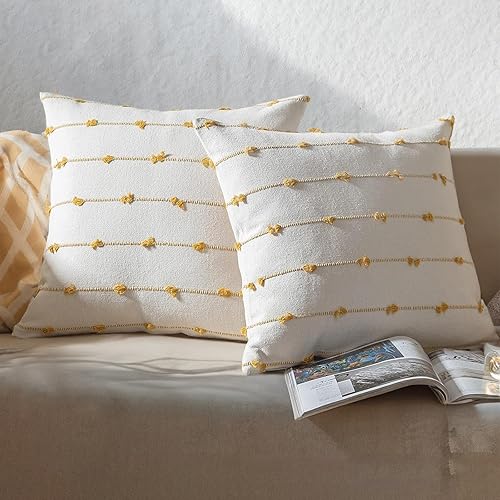 Miniatura 2 de Juego de 1 funda de cojín bohemia de 24 x 24 pulgadas, funda de cojín cuadrada de lino moderna y rústica para sofá, cama (24 x 24 pulgadas, amarillo)