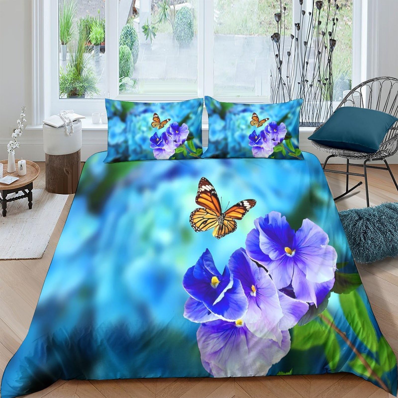 TUFRTGYHN 3D Printed Blue Butterfly Flower Duvet Cover Microfiber Soft Breathable Bedding Set with 2 Pillowcases for Bedroom Decor, Single（135x200cm）
