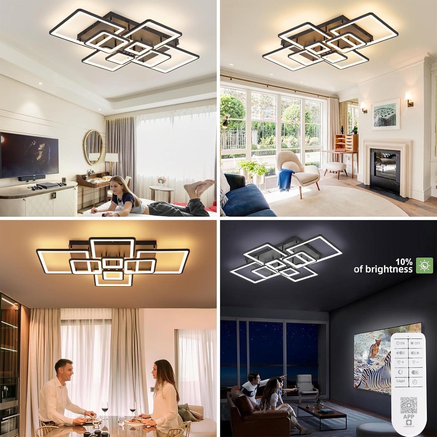 LED Ceiling Lights Dimmable Flush Mount Chandelier, Black 8-Ring Modern Acrylic LED Ceiling Lamp Fixture with Remote Control Indoor Low-Profile Lighting for Living Room, Dining Room, Bedroom Kitchen