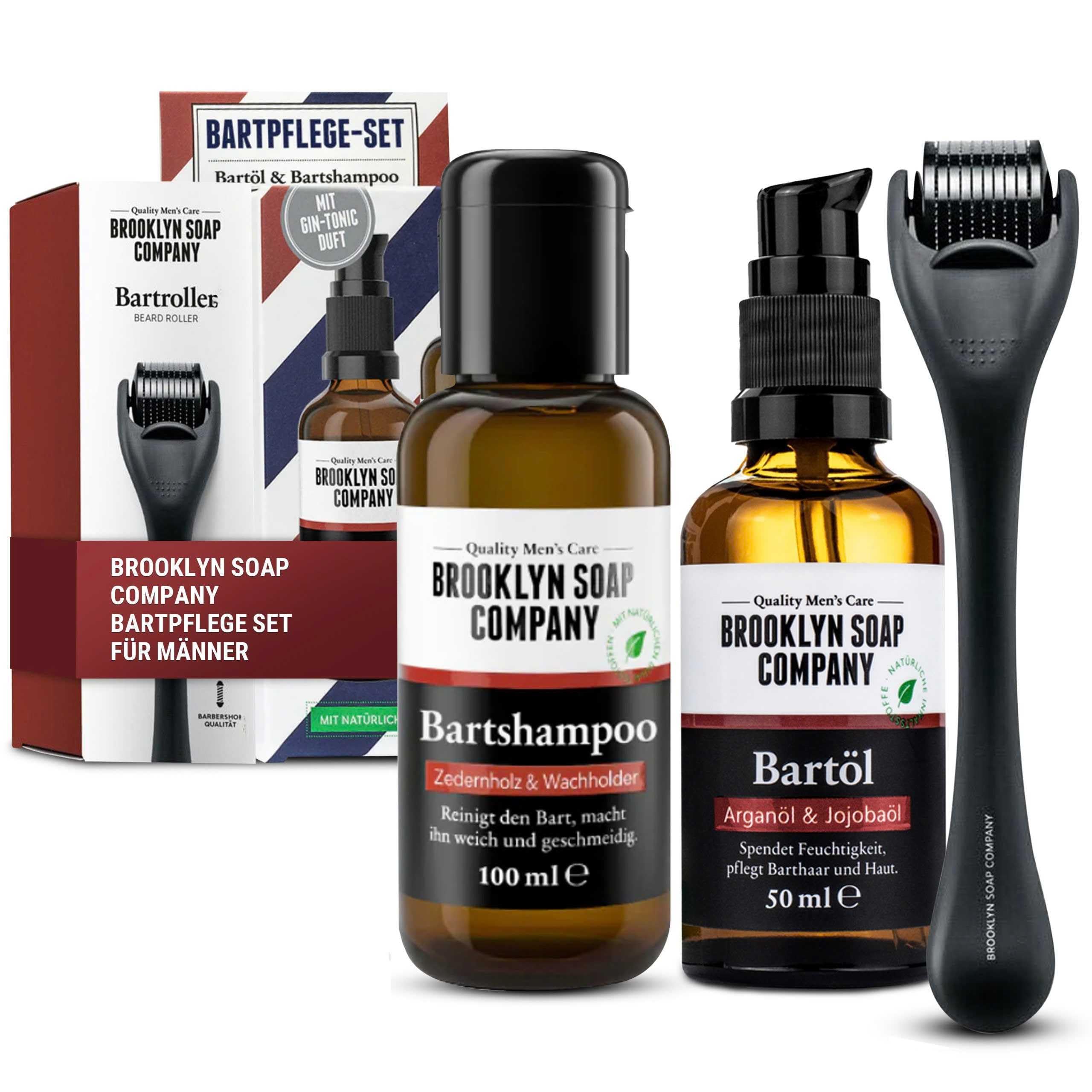 Brooklyn Soap Company Bartpflege Set für Männer - Mit Bartroller, Bartöl & Bartshampoo - Geschenk für Herren - Tägliche Pflege für Bart & Haut