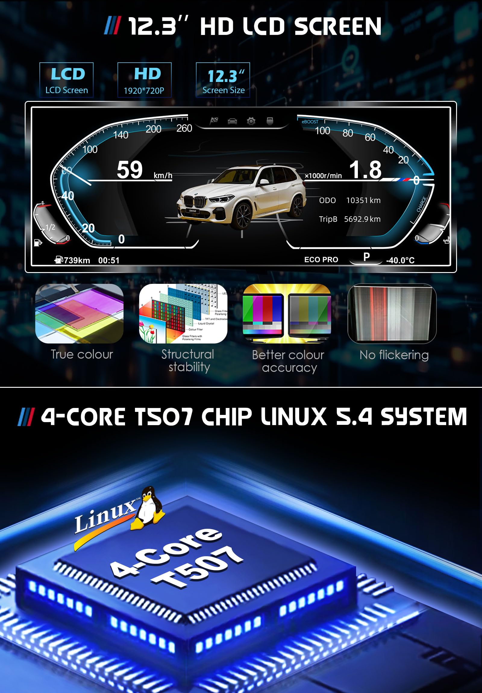 Panel de instrumentos digital con pantalla LCD HD de 12,3" para BMW Serie 5/6/7 F10 F01 F06 X3 X4 X5 X6, 5-UI, Plug & Play, control en el volante, Temperatura Aceite, Presión de los neumáticos