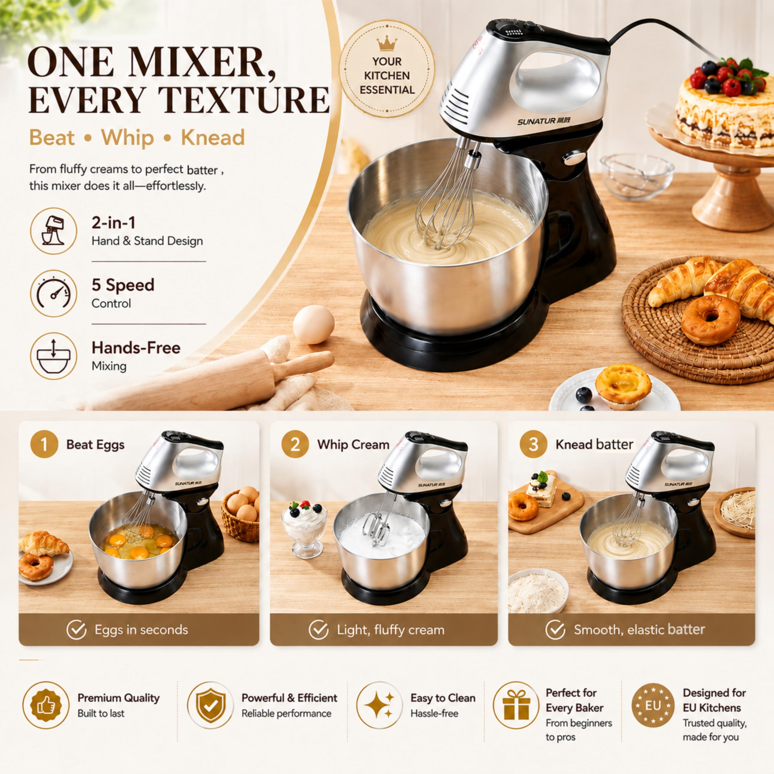 2-in-1 electric mixer with stand; mixes quickly and efficiently; 300W power; 5 speed settings; 3.5-liter capacity; ideal for home use and hobbyists