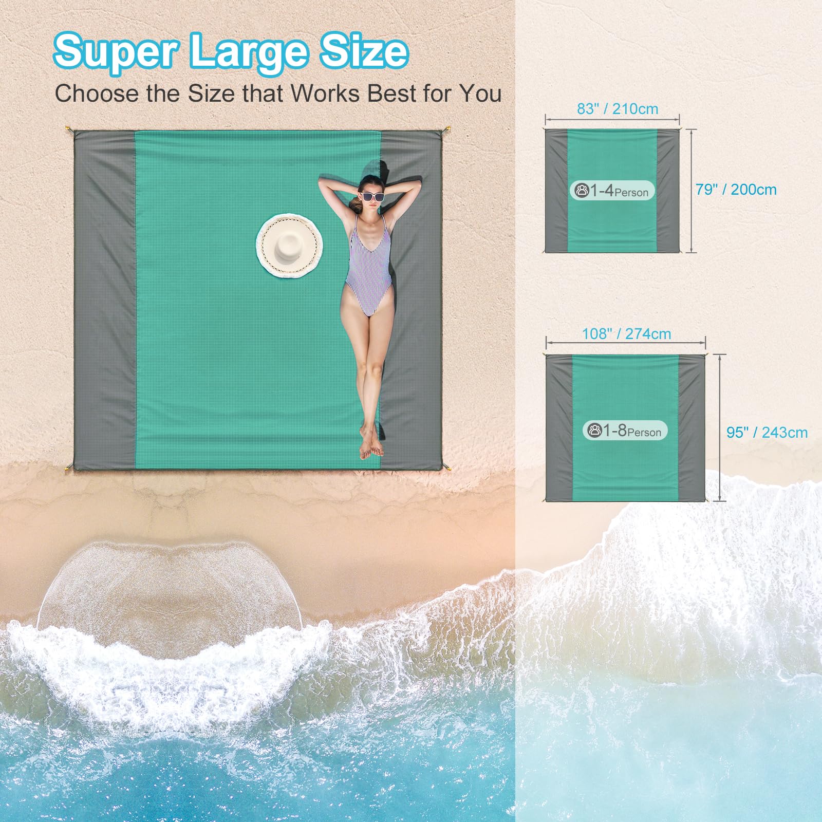 ISOPHO Coperta da picnic 243x274cm Coperta da spiaggia Tappetino da spiaggia impermeabile 4 angoli di fissaggio Coperta da spiaggia senza sabbia/picnic per spiaggia, campeggio (verde, 243 x 274cm)