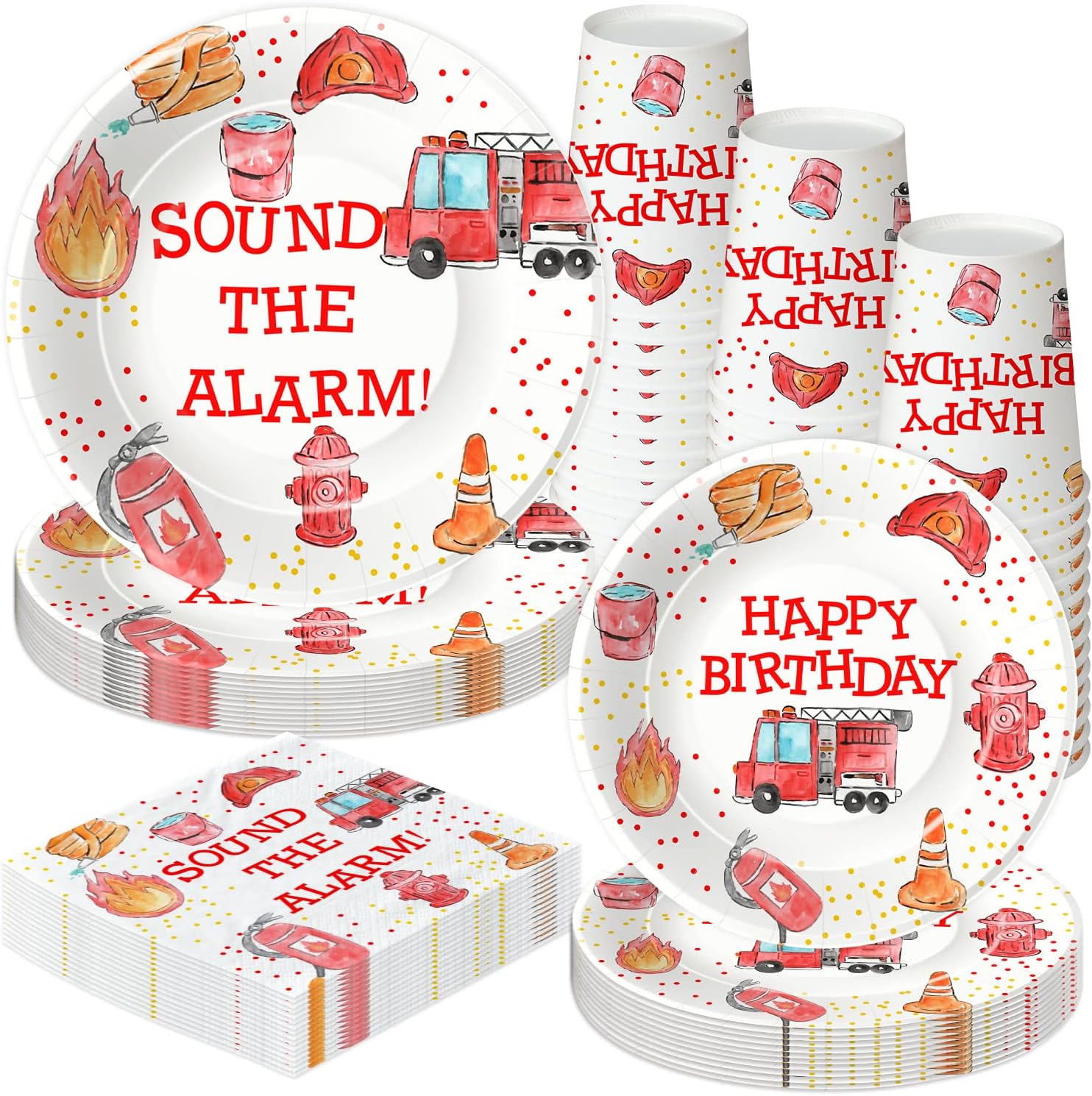 Fire Truck Birthday Party Supplies - Firetruck Firefighter Birthday Party Decorations Tableware Include 9" Fire Truck Party Plates, 7" Plate, Cups, Napkins, Fireman Party Supplies | Serve 48