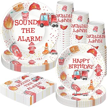 Fire Truck Birthday Party Supplies - Firetruck Firefighter Birthday Party Decorations Tableware Include 9" Fire Truck Party Plates, 7" Plate, Cups, Napkins, Fireman Party Supplies | Serve 48