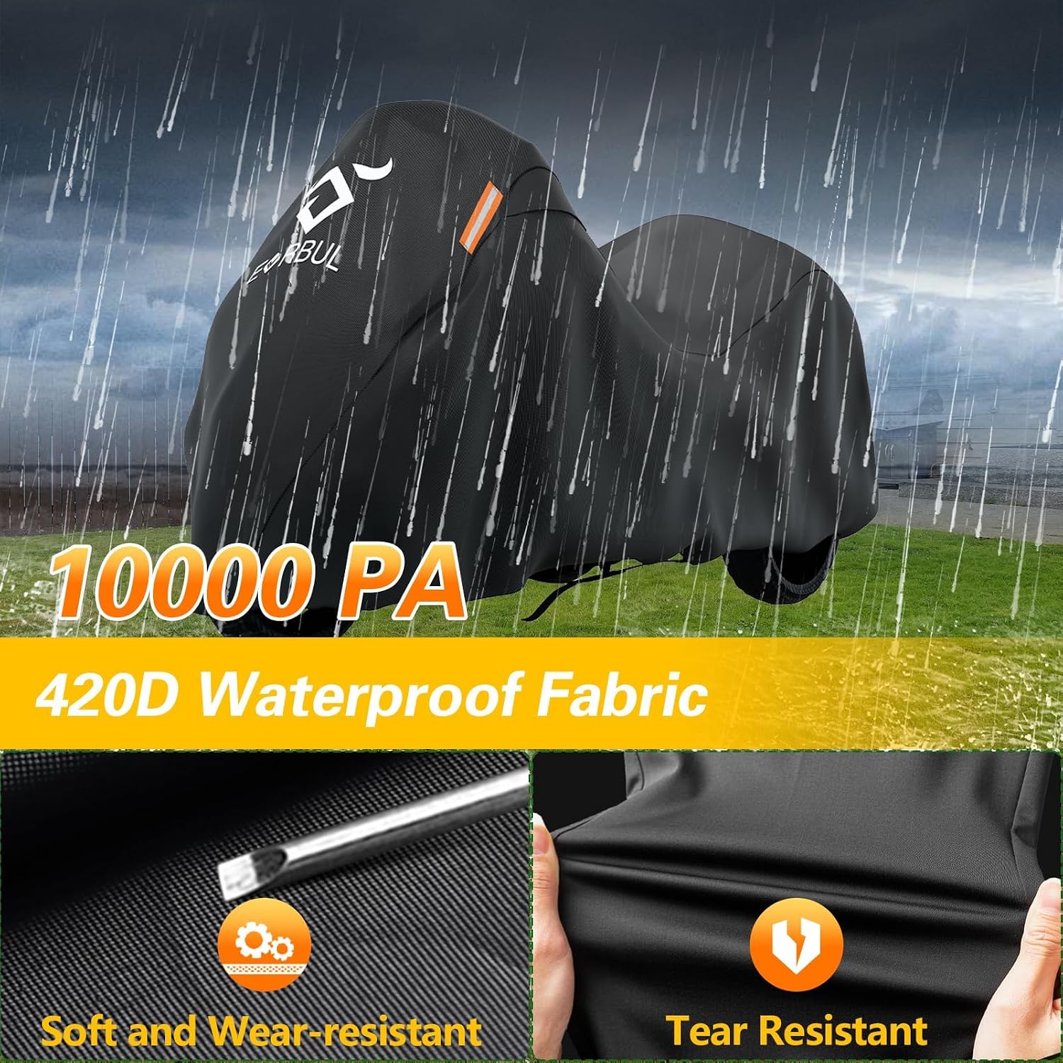 EVRBUL Trike Motorcycle Cover Waterproof 3-Wheel Vehicles Cover with Reflective Strips and Windproof Buckle Compatible with Harley Davidson CVO Tri Glide, Honda Gold Wing Trike 108× 59× 59 in
