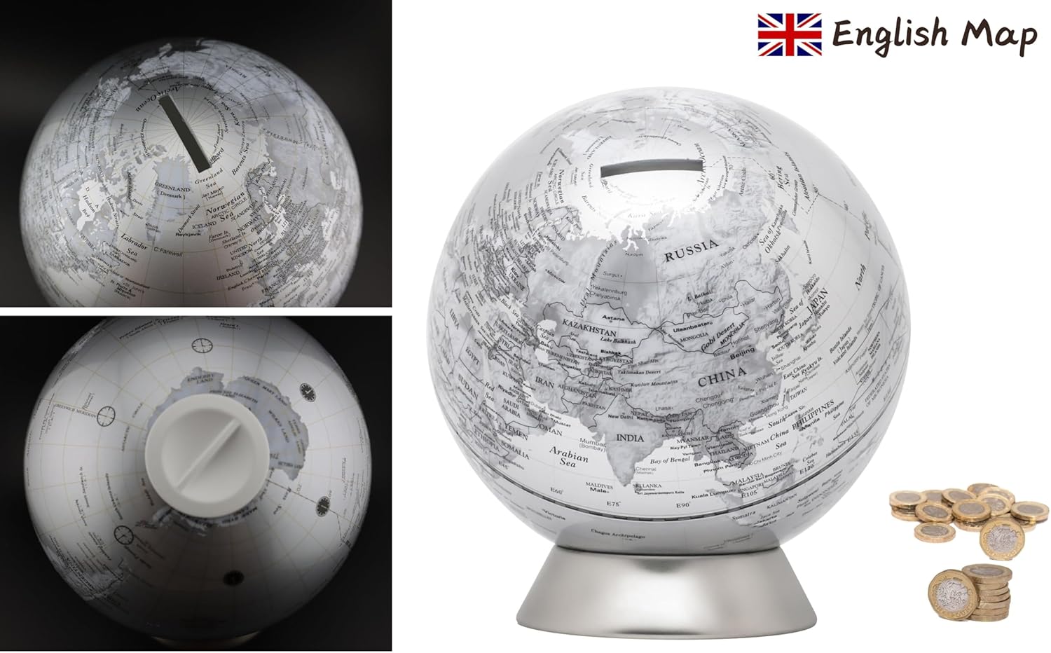 Exerz Money Box Globe, Piggy Bank 6.3" Diameter, Political Map, Contemporary Metallic Look, Stainless Steel Base, Educational & Decorative