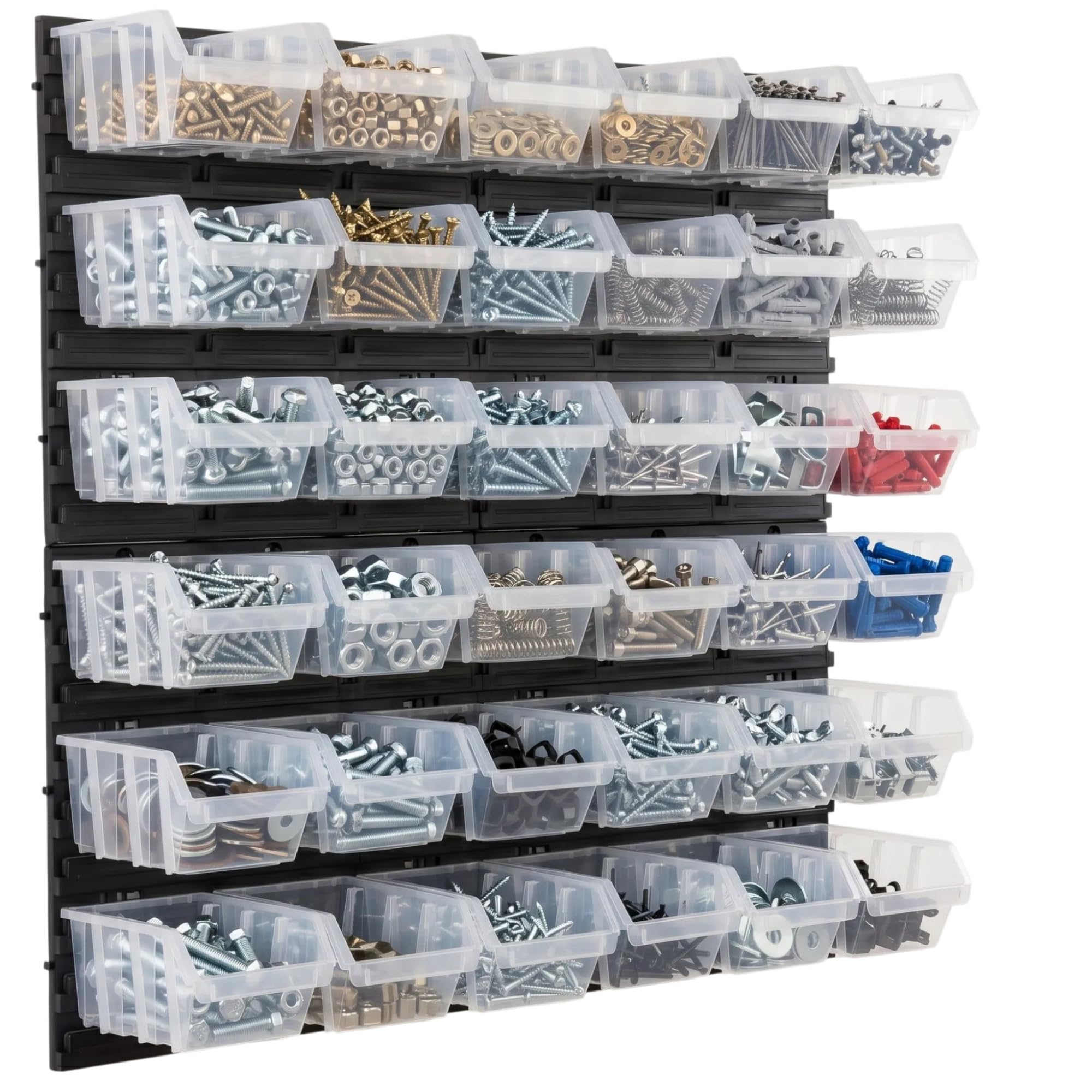 Étagère murale d'atelier avec 36 boîtes de tri transparentes, système de rangement pour vis, écrous et petites pièces, plastique, 78 x 78 cm, boîtes 190 x 123 x 90 mm, jusqu'à 20 kg, pour garage